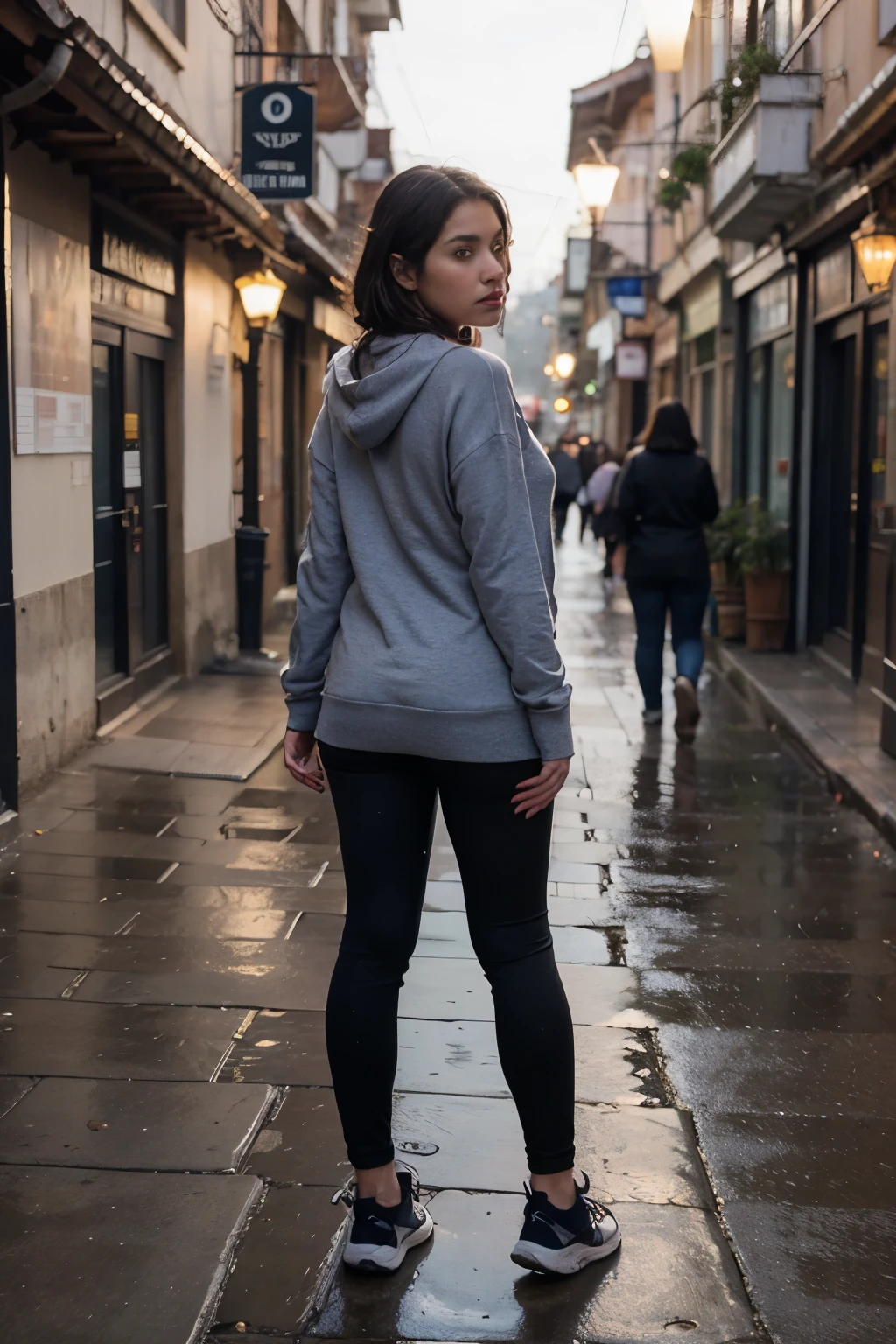 ((Mejor calidad)), ((obra maestra)), (detallado), cara perfecta, woman leaning on the wall, standing on a street in the city of Cusco, stone street, turning her back, night, warm lights, wet floor, it stopped raining, full body, dressed in a gray sweatshirt and large blue sweatshirts, black sneakers , sensual pose. real, realistic
