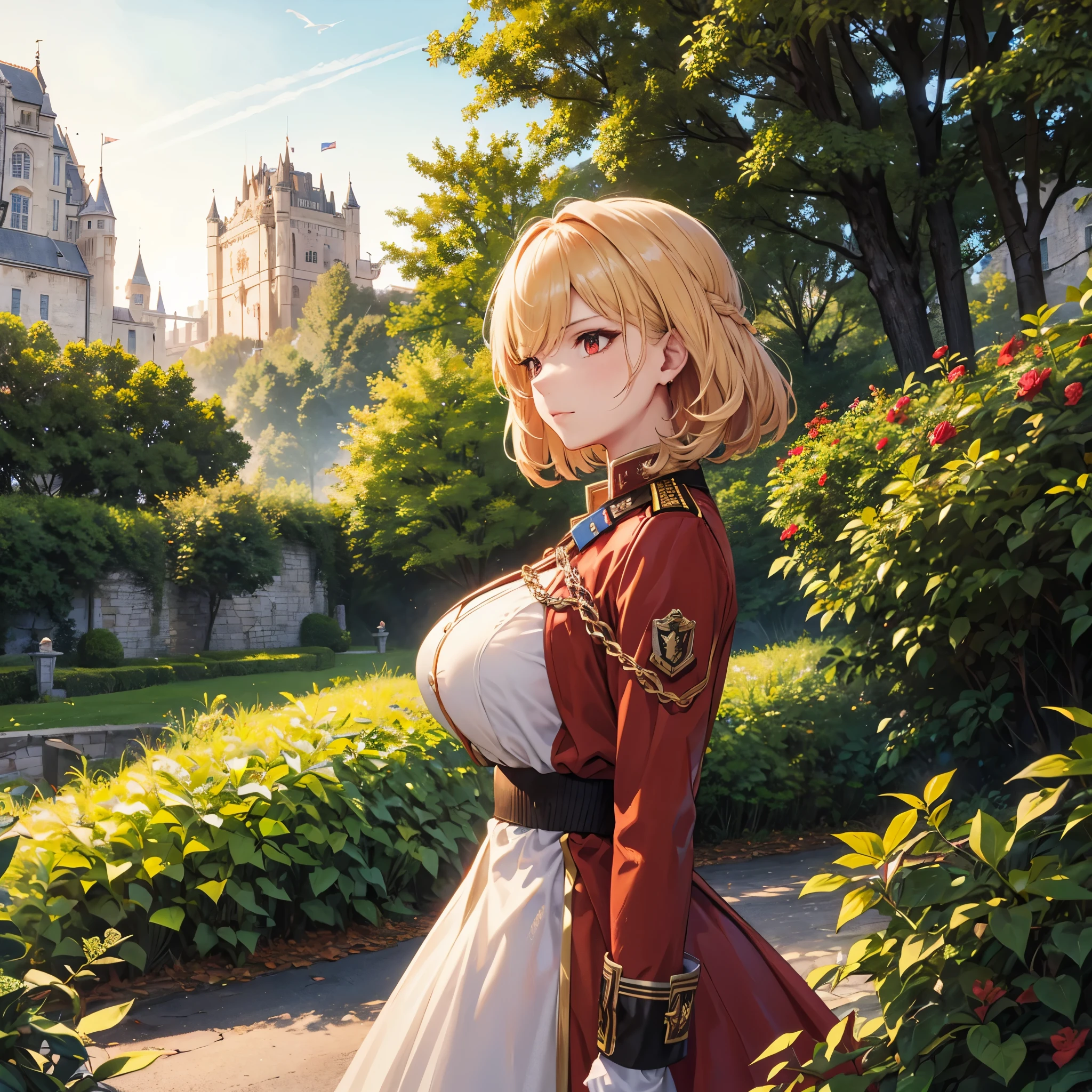 A woman wearing red military uniform with gold details, medals, big breasts, short blonde hair, red eyes, outside a large medieval castle, with forest around.
