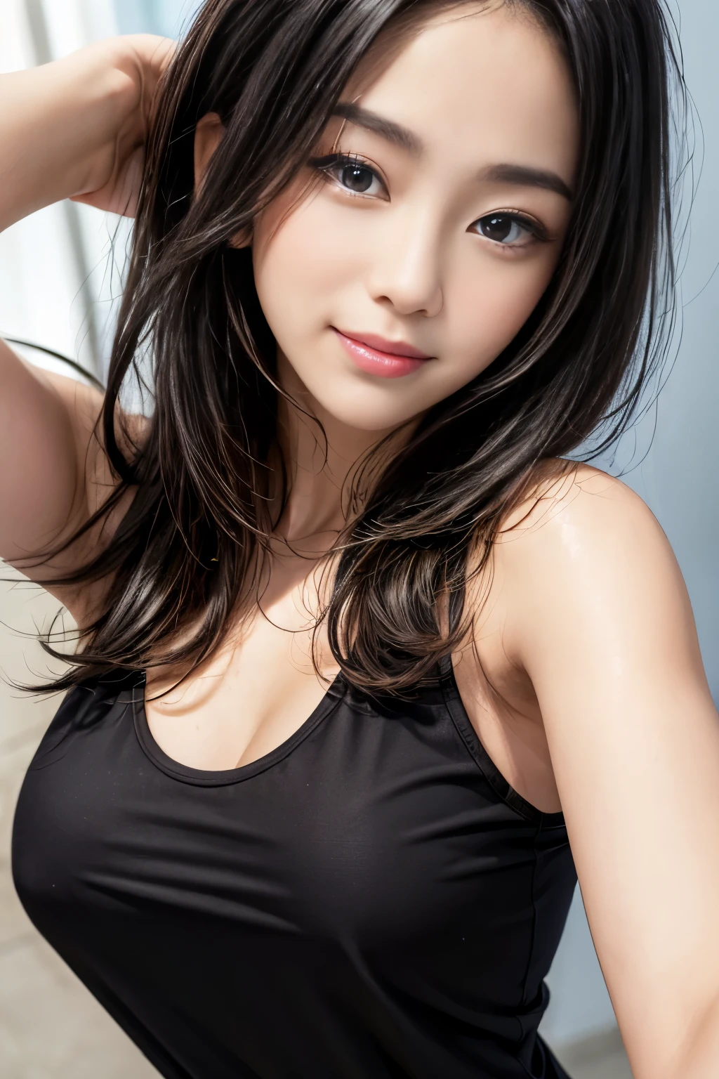 ((highest quality, 8k, masterpiece: 1.3)), Japanese, whole body, focus clear: 1.2, golden ratio body,outstanding style: 1.4, thin abs: 1.2, ((black hair, big breasts: 1.2)), (black tank top), Highly detailed face and skin texture, ultra high resolution, fine eyes,clear eyes, double eyelid, thin eyebrows, sporty, Uplifting, Feeling of running, Refreshing feeling, A full smile, sense of achievement, whole bodyエスビアン,