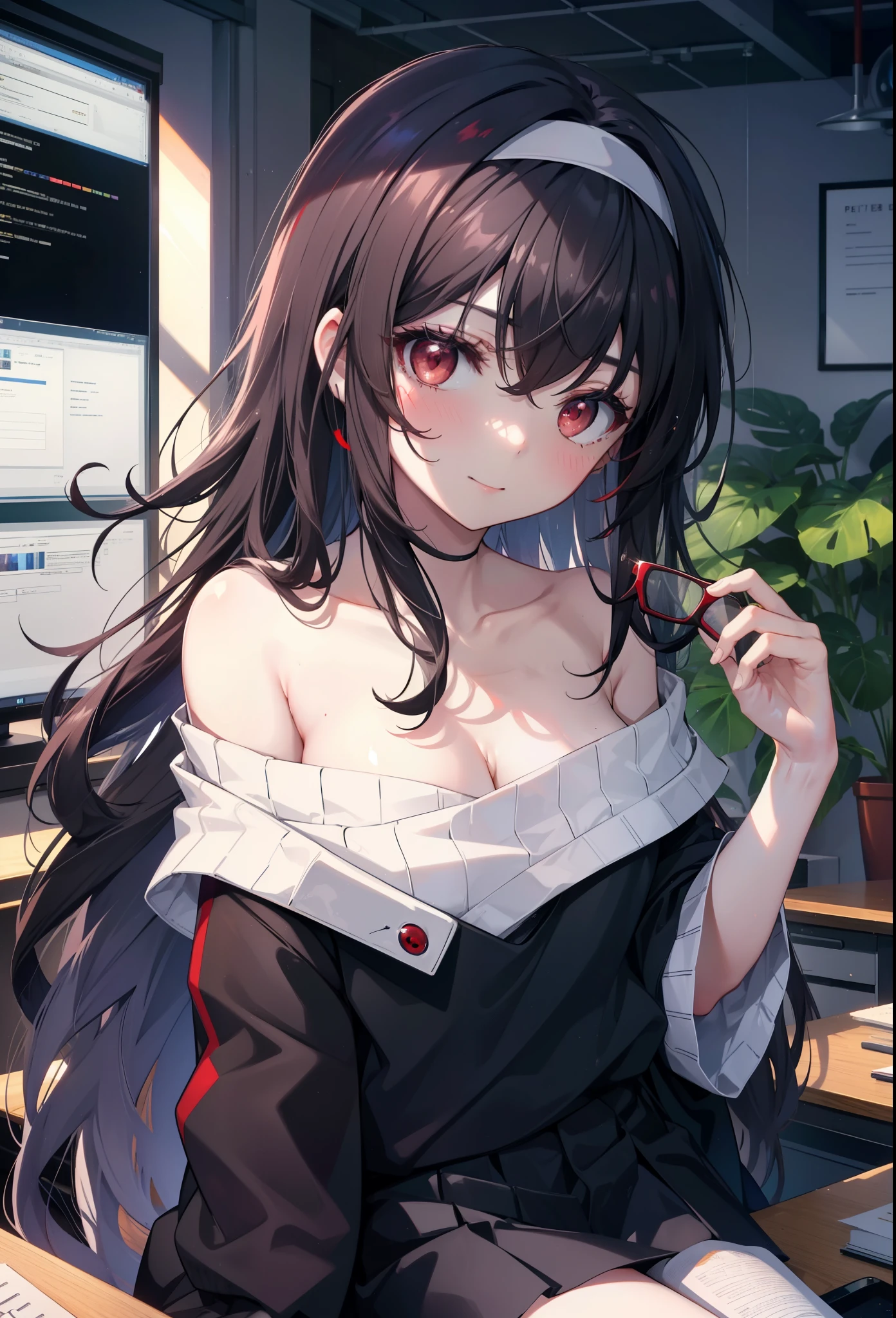 for profit, utaha kasumigaoka, black hair, hair band, long hair, (red eyes:1.5), smile,blush,Black Abyss glasses,off shoulder sweater,bare shoulders,naked neck,bare clavicle,long skirt,black pantyhose,There is a computer on the desk.,touch typing,interior,Foliage plant,sitting in a chair,
break looking at viewer,
break indoors, workroom,
break (masterpiece:1.2), highest quality, High resolution, unity 8k wallpaper, (figure:0.8), (detailed and beautiful eyes:1.6), highly detailed face, perfect lighting, Very detailed CG, (perfect hands, perfect anatomy),