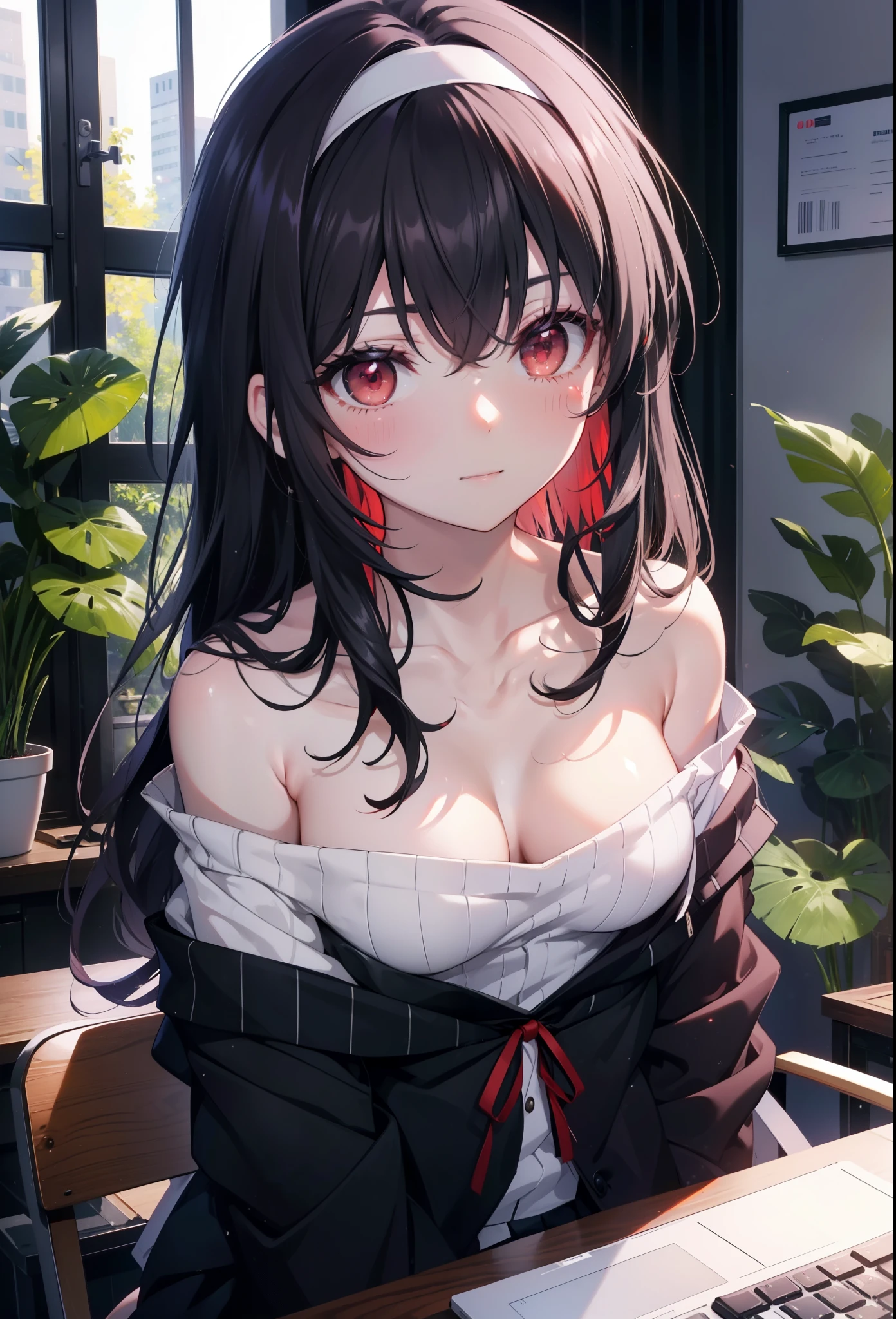 for profit, utaha kasumigaoka, black hair, hair band, long hair, (red eyes:1.5), smile,blush,Black Abyss glasses,off shoulder sweater,bare shoulders,naked neck,bare clavicle,long skirt,black pantyhose,There is a computer on the desk.,touch typing,interior,Foliage plant,sitting in a chair,
break looking at viewer,
break indoors, workroom,
break (masterpiece:1.2), highest quality, High resolution, unity 8k wallpaper, (figure:0.8), (detailed and beautiful eyes:1.6), highly detailed face, perfect lighting, Very detailed CG, (perfect hands, perfect anatomy),
