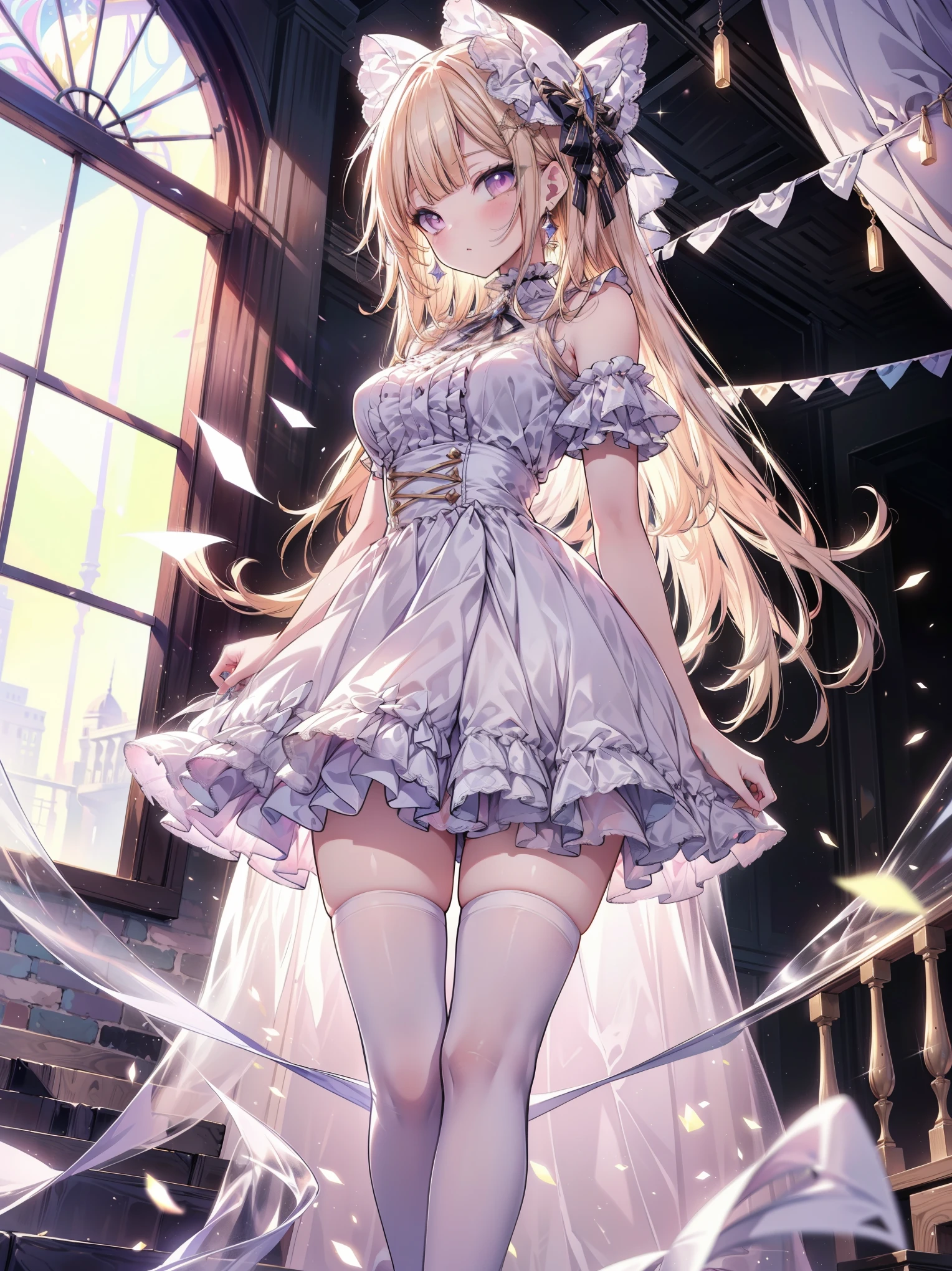 (masterpiece), (cowboy shot), (best quality, ultra-high resolution, depth of field:1.2), Colorful, adult, 1woman, Lolita long dress, frills, white stockings, elegant shoes, walking