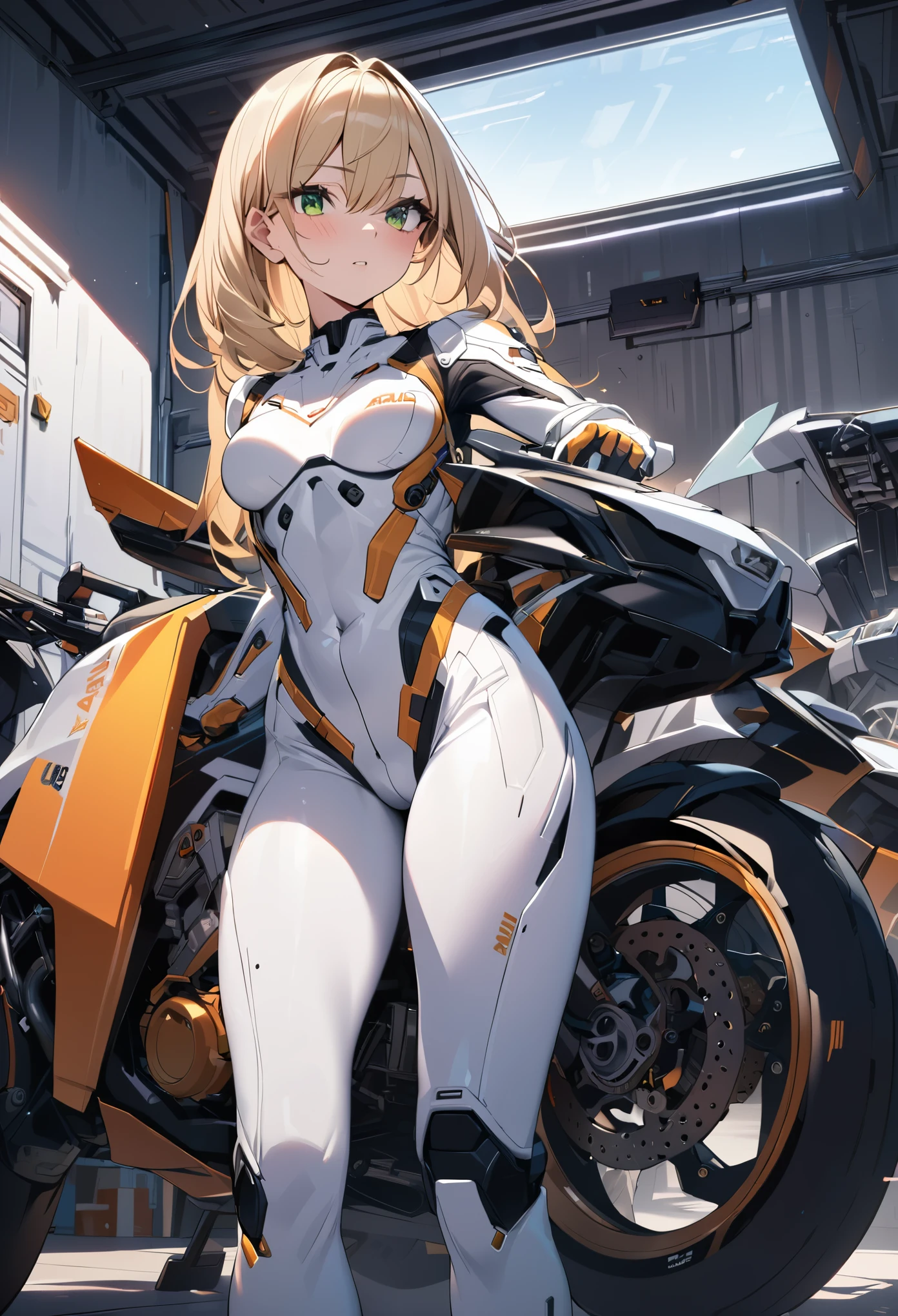 1girl,solo,Sala,original,blonde hair,green eyes,white body suit,in garage,standing behind the bike,looking at bike,Bike in front of the girl,Science fiction,ultra-detailed,sharp focus,(best quality)