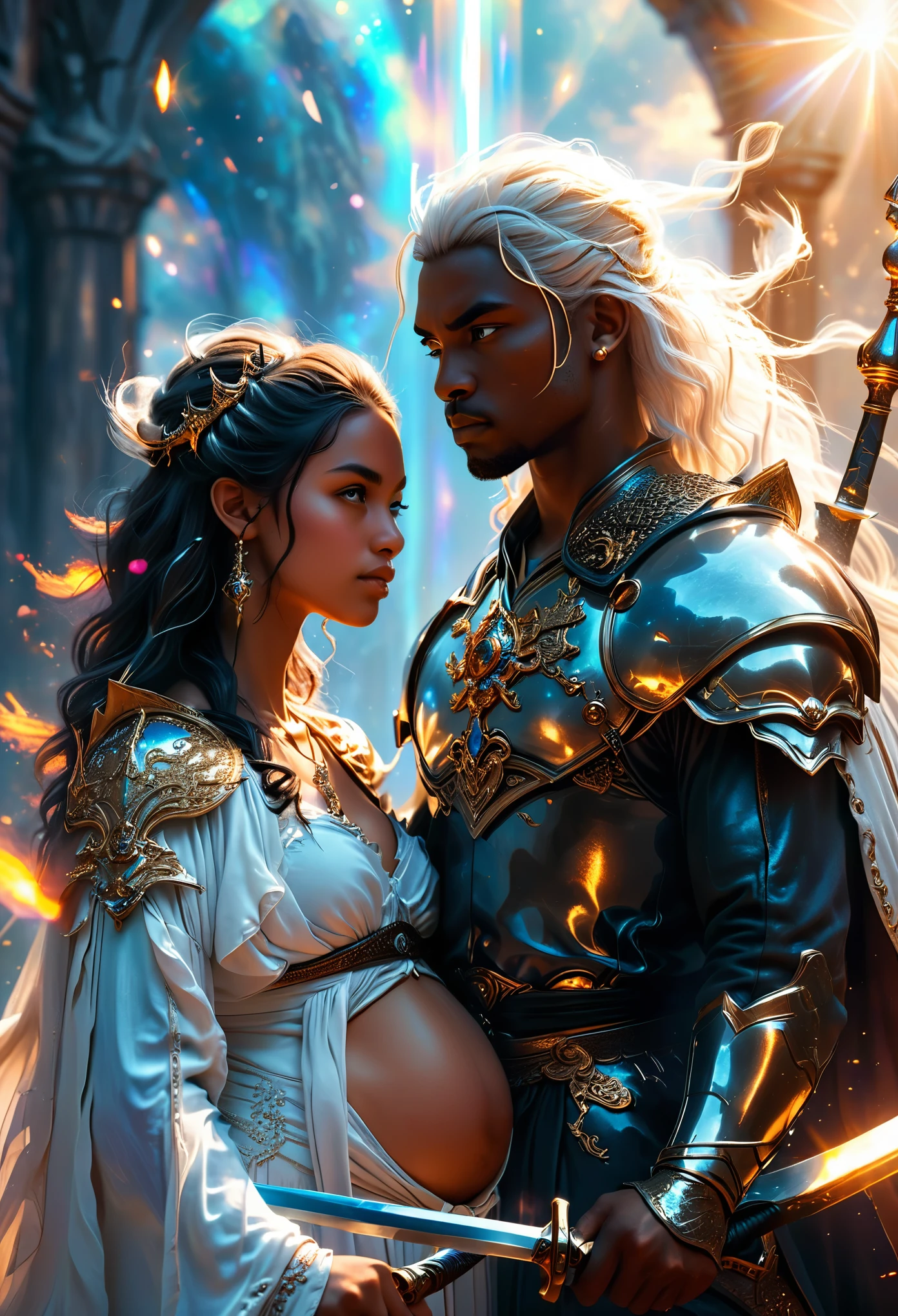 Close up of a couple, In a celestial dreamy landscape, in tribunal, (((a hot darkskin young couple of powerful judge, in 20's))) (((dark skin man and brown skin pregnant woman))), ((young dark skin long (whitehair) warrior:1.7)), ((one dark skin (((pregnant:1.5))) (((darkhair:1.9))) judge woman))) debout dans un grand tribunal, (((tenant chacun un sceptre))), trying to kill him with swords, dangerous scene, war, battle, 8K, extremely detailed, high quality, (photorealistic:1.37), Full body, vibrant colors, perfect lighting, soulful expressions, celestial aura, majestic presence, dreamlike atmosphere,  8 k artistic photography, photorealistic concept art, soft natural volumetric cinematic perfect light