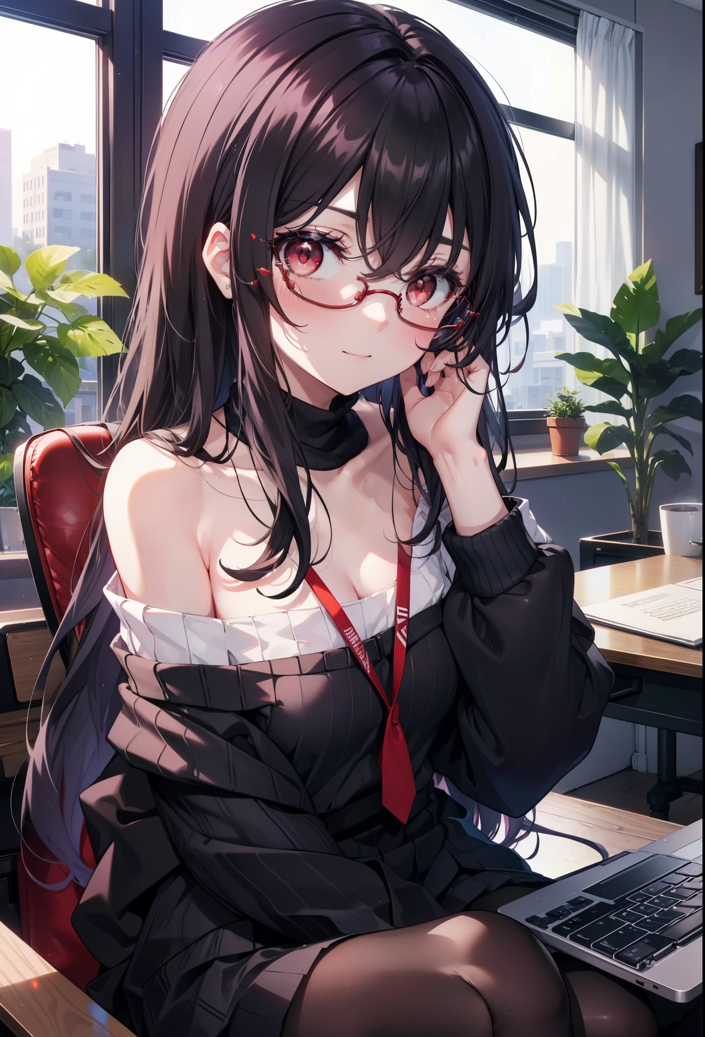 for profit, utaha kasumigaoka, black hair, hair band, long hair, (red eyes:1.5), smile,blush,Black Abyss glasses,off shoulder sweater,bare shoulders,naked neck,bare clavicle,long skirt,black pantyhose,There is a computer on the desk.,touch typing,interior,Foliage plant,sitting in a chair,
break looking at viewer,
break indoors, workroom,
break (masterpiece:1.2), highest quality, High resolution, unity 8k wallpaper, (figure:0.8), (detailed and beautiful eyes:1.6), highly detailed face, perfect lighting, Very detailed CG, (perfect hands, perfect anatomy),