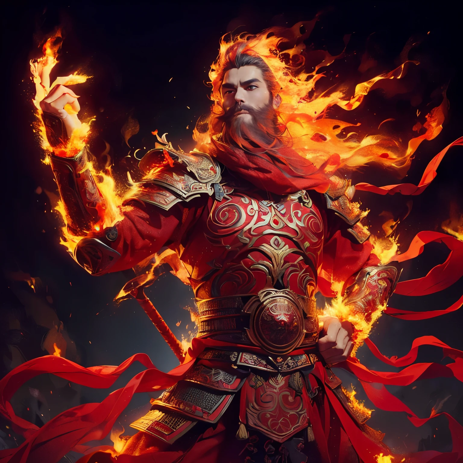 (Best Quality:1.2), (high resolution:1.2), (beautiful face and eye:1.2), (sharpest focus:1.2), (Ultra-realistic Photo:1.2), (Ultra-precise Photo:1.2), (Depth of field:1.2), (perfect :1.2), (nice hands:1.5), (perfect hands:1.5), 
(Chinese warlord without a beard:1.2), (Dancing flames:1.2), (Slender young beautiful Chinese man:1.2), (beardless Chinese warlord in bright red armor:1.2), (Fearless smile:1.0), (Flames clinging to his body like a whirlpool:1.2),
(Swinging his right hand high above his head and his left hand straight down:1.2), (The flame shines brightly in the darkness:1.2), (Well-proportioned, beautiful body:1.0), (look far away:1.8), 