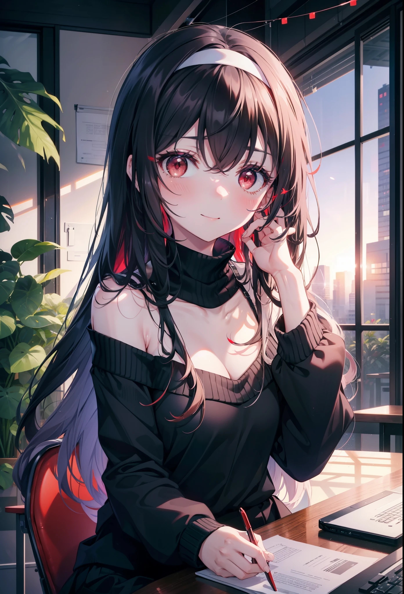 for profit, utaha kasumigaoka, black hair, hair band, long hair, (red eyes:1.5), smile,blush,Black Abyss glasses,off shoulder sweater,bare shoulders,naked neck,bare clavicle,long skirt,black pantyhose,There is a computer on the desk.,touch typing,interior,Foliage plant,sitting in a chair,
break looking at viewer,
break indoors, workroom,
break (masterpiece:1.2), highest quality, High resolution, unity 8k wallpaper, (figure:0.8), (detailed and beautiful eyes:1.6), highly detailed face, perfect lighting, Very detailed CG, (perfect hands, perfect anatomy),