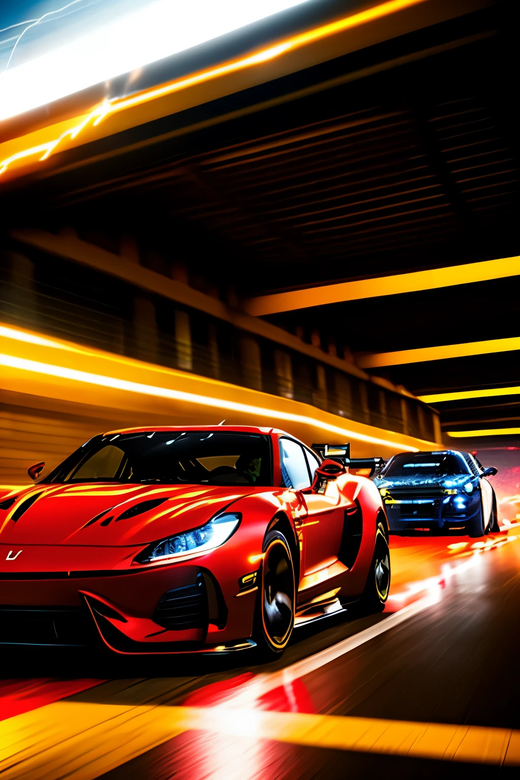 A captivating visual representation of a sleek, red sports car emitting smoke on the racing track at night. The car's body glows under the neon lights, its curves and contours accentuated by the shadows cast by the Dutch angle. The engine roars with power and intensity as the tires screech against the wet asphalt. Sparks fly from the undercarriage, adding to the electric atmosphere. The headlights cut through the darkness, illuminating the smoky trail left behind as the car speeds forward, pedal to the metal.
Detailed and intricate designs decorate the car's exterior, each line and curve shimmering under the glow of the neon lights