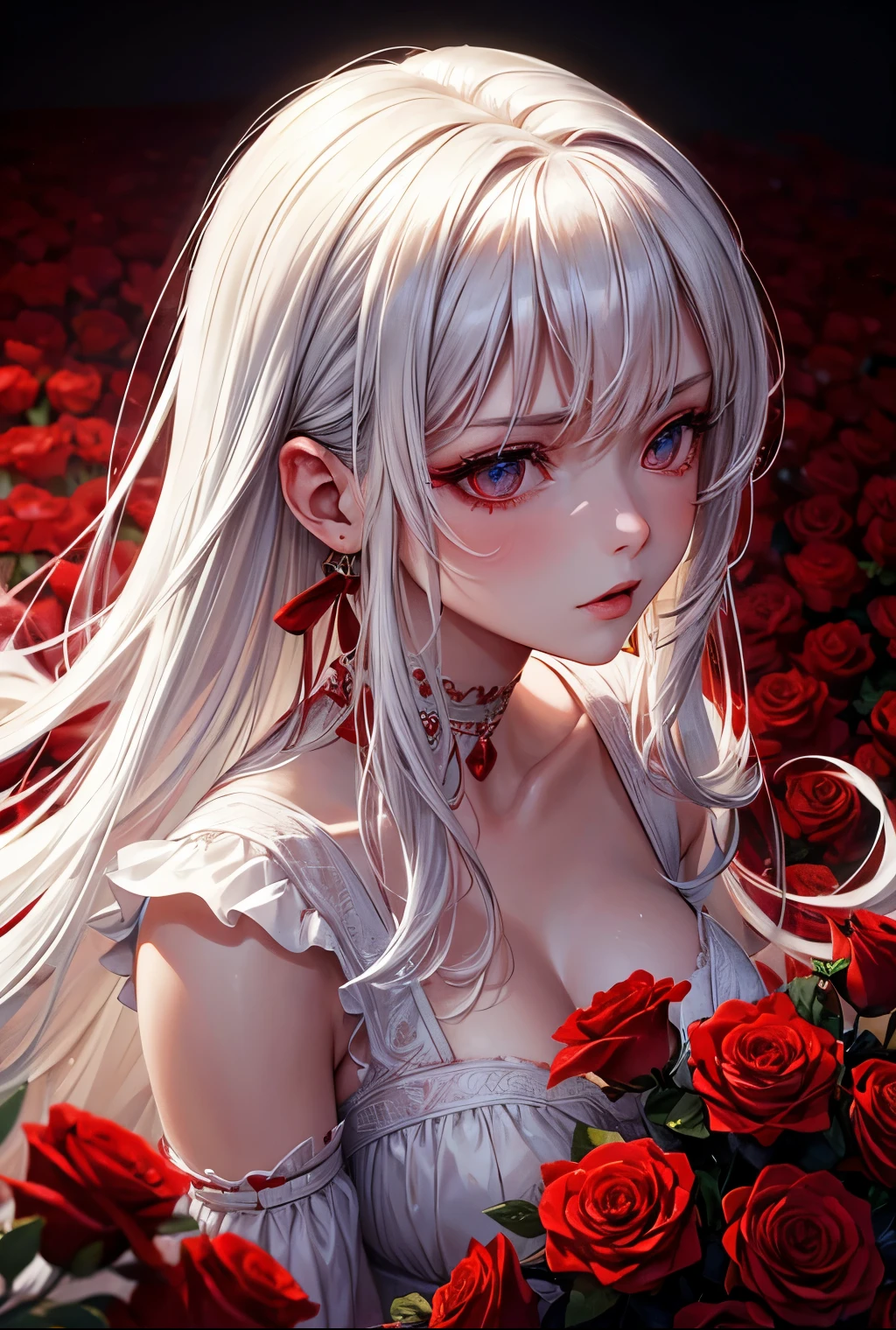 (reminiscent, captivating, and dreamy atmosphere),(malicious gaze with red eyes, porcelain skin, a mischievous smile), their decomposing face with exposed teeth, Crying blood, Red Flowers