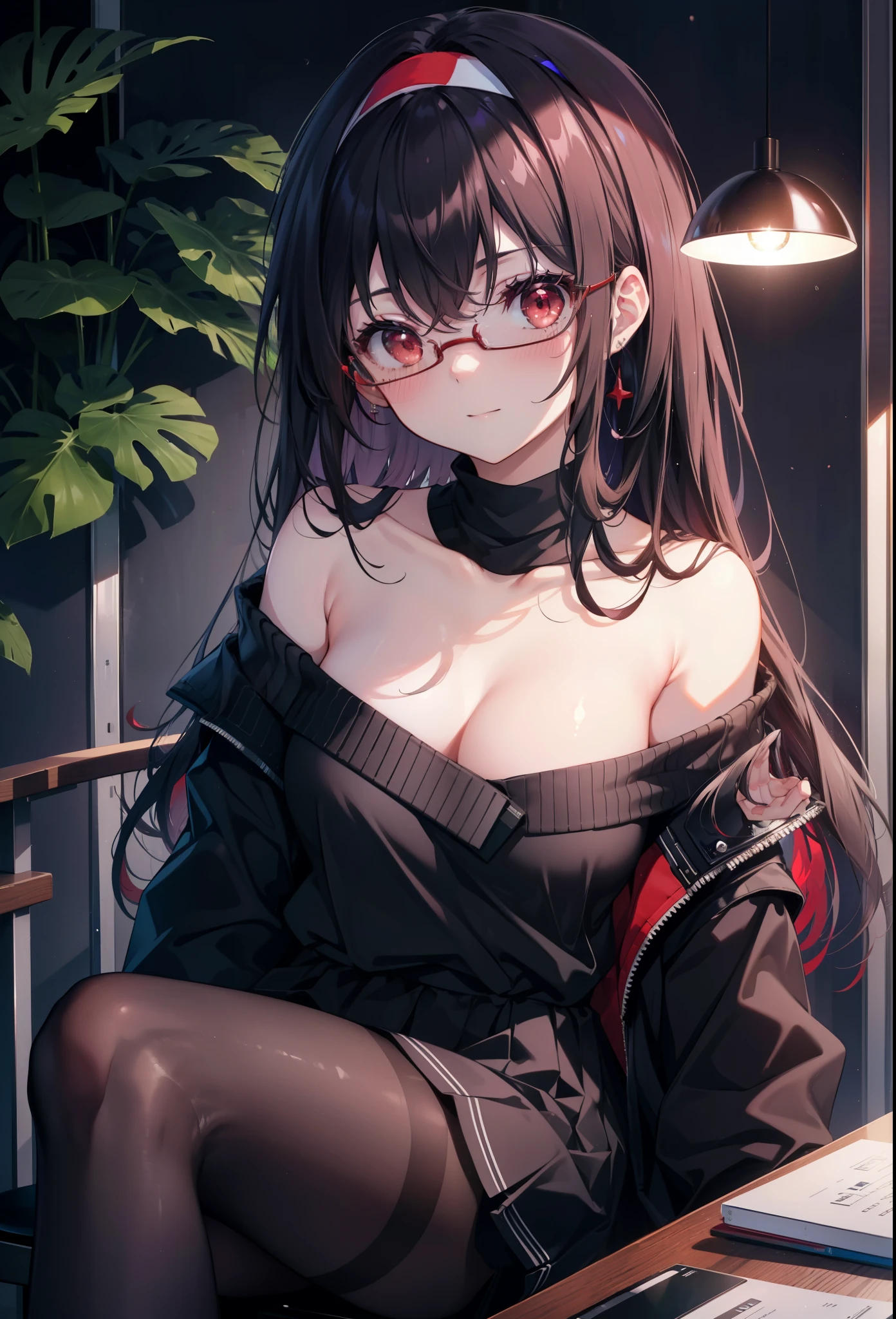 for profit, utaha kasumigaoka, black hair, hair band, long hair, (red eyes:1.5), smile,blush,Black Abyss glasses,off shoulder sweater,bare shoulders,naked neck,bare clavicle,long skirt,black pantyhose,There is a computer on the desk.,touch typing,interior,Foliage plant,sitting in a chair,
break looking at viewer,
break indoors, workroom,
break (masterpiece:1.2), highest quality, High resolution, unity 8k wallpaper, (figure:0.8), (detailed and beautiful eyes:1.6), highly detailed face, perfect lighting, Very detailed CG, (perfect hands, perfect anatomy),