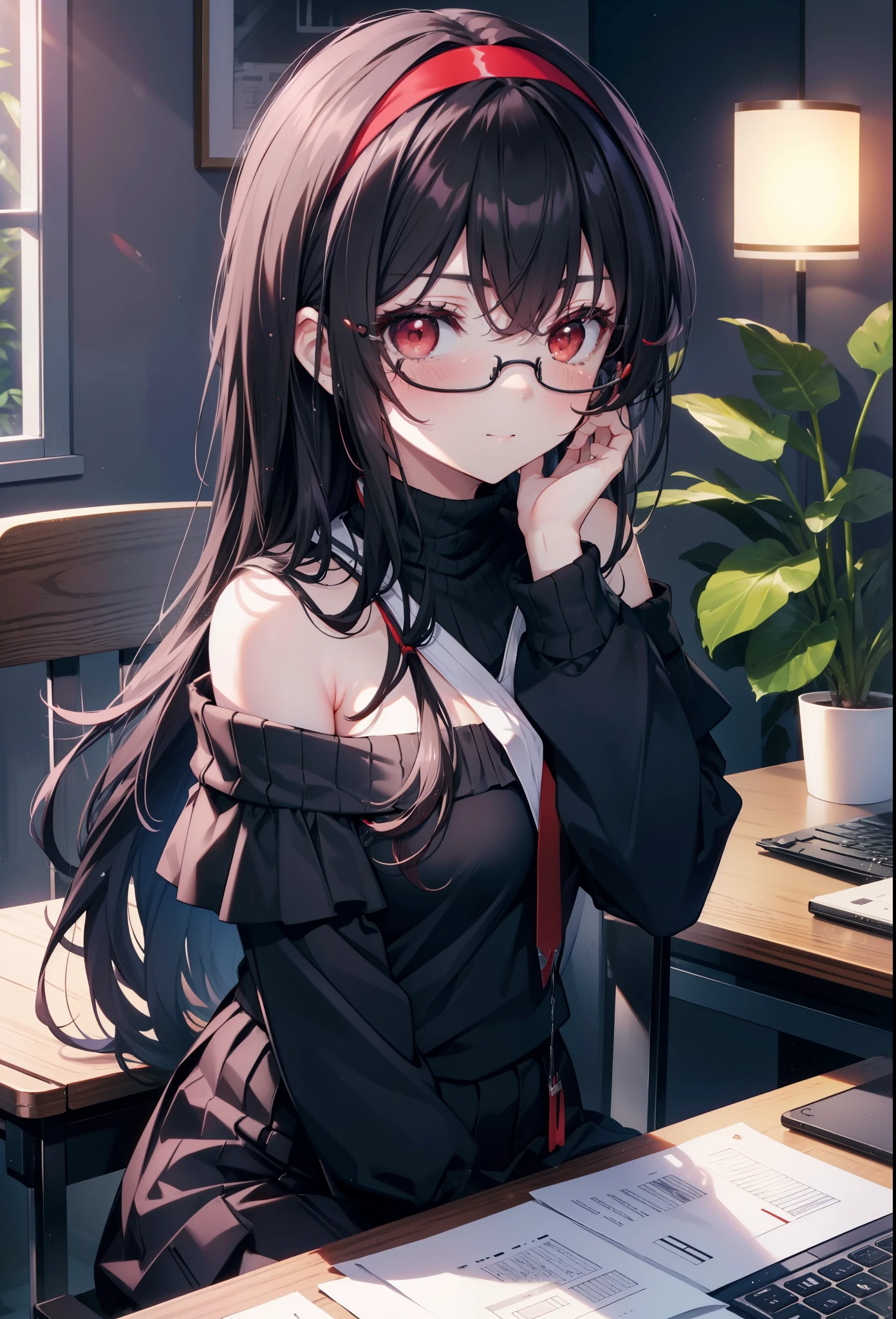 for profit, utaha kasumigaoka, black hair, hair band, long hair, (red eyes:1.5), smile,blush,Black Abyss glasses,off shoulder sweater,bare shoulders,naked neck,bare clavicle,long skirt,black pantyhose,There is a computer on the desk.,touch typing,interior,Foliage plant,sitting in a chair,
break looking at viewer,
break indoors, workroom,
break (masterpiece:1.2), highest quality, High resolution, unity 8k wallpaper, (figure:0.8), (detailed and beautiful eyes:1.6), highly detailed face, perfect lighting, Very detailed CG, (perfect hands, perfect anatomy),