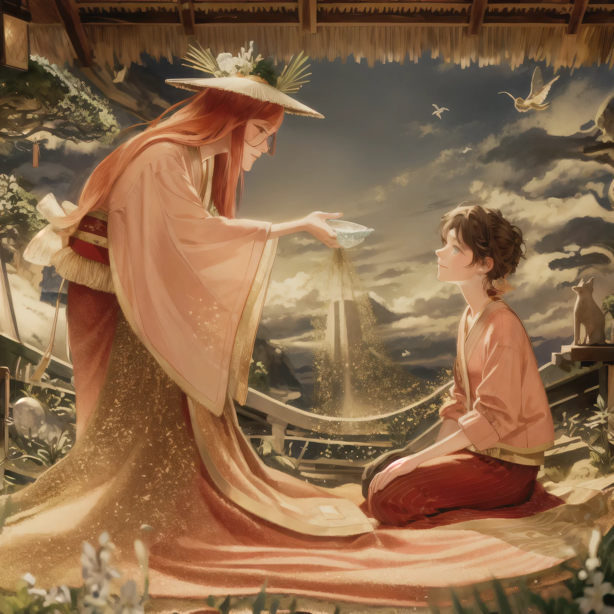 masterpiece, ultra high quality CG, best quality, perfect picture, Eleanor Hume, kimono, holding sand, a man sitting