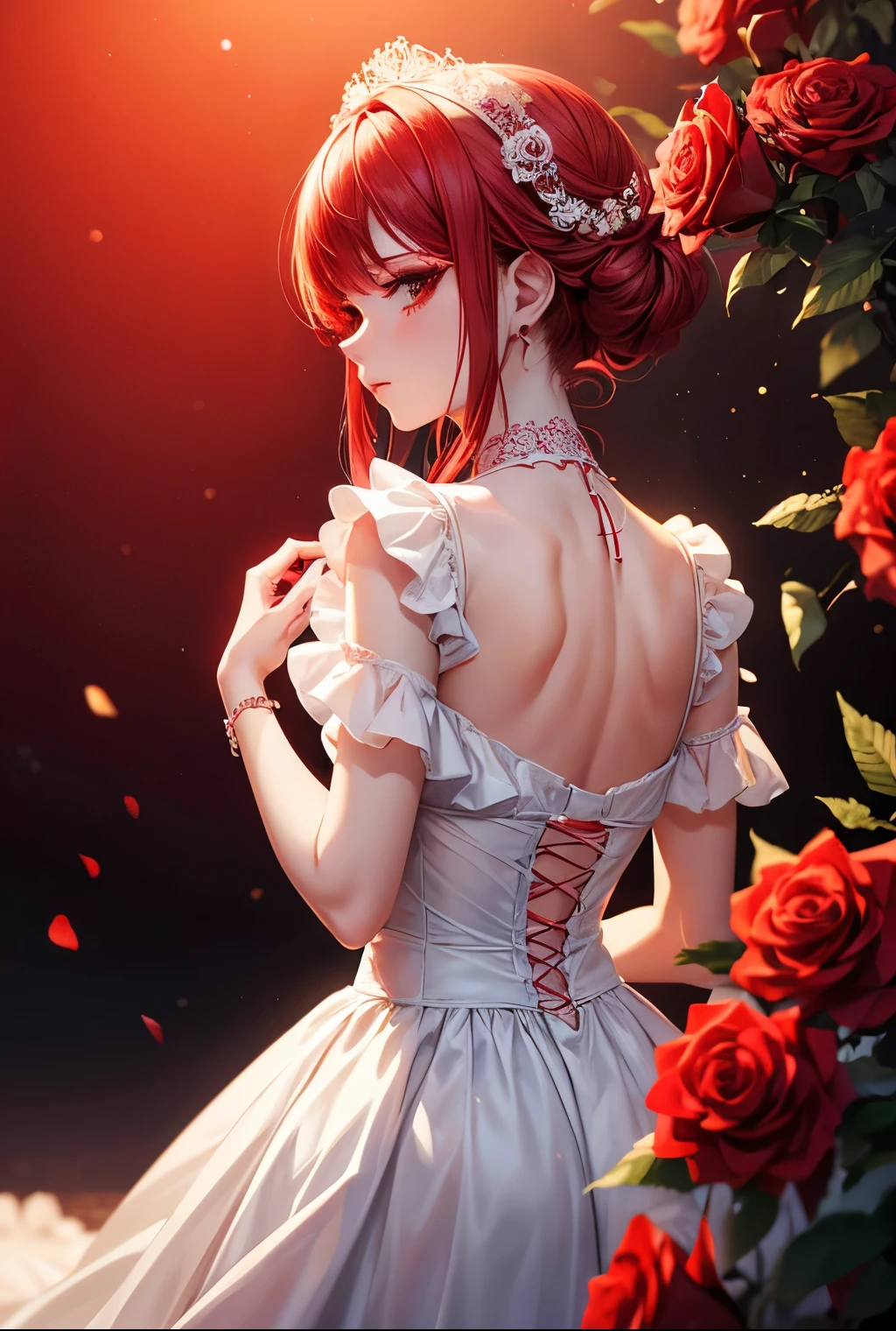 Woman, 25 years, romantic white and red clothes, seductive eyes, 2d roses background, colored inner hair, makeup, scowl, cinematic lighting, from behind, bokeh, masterpiece, textured skin, high quality