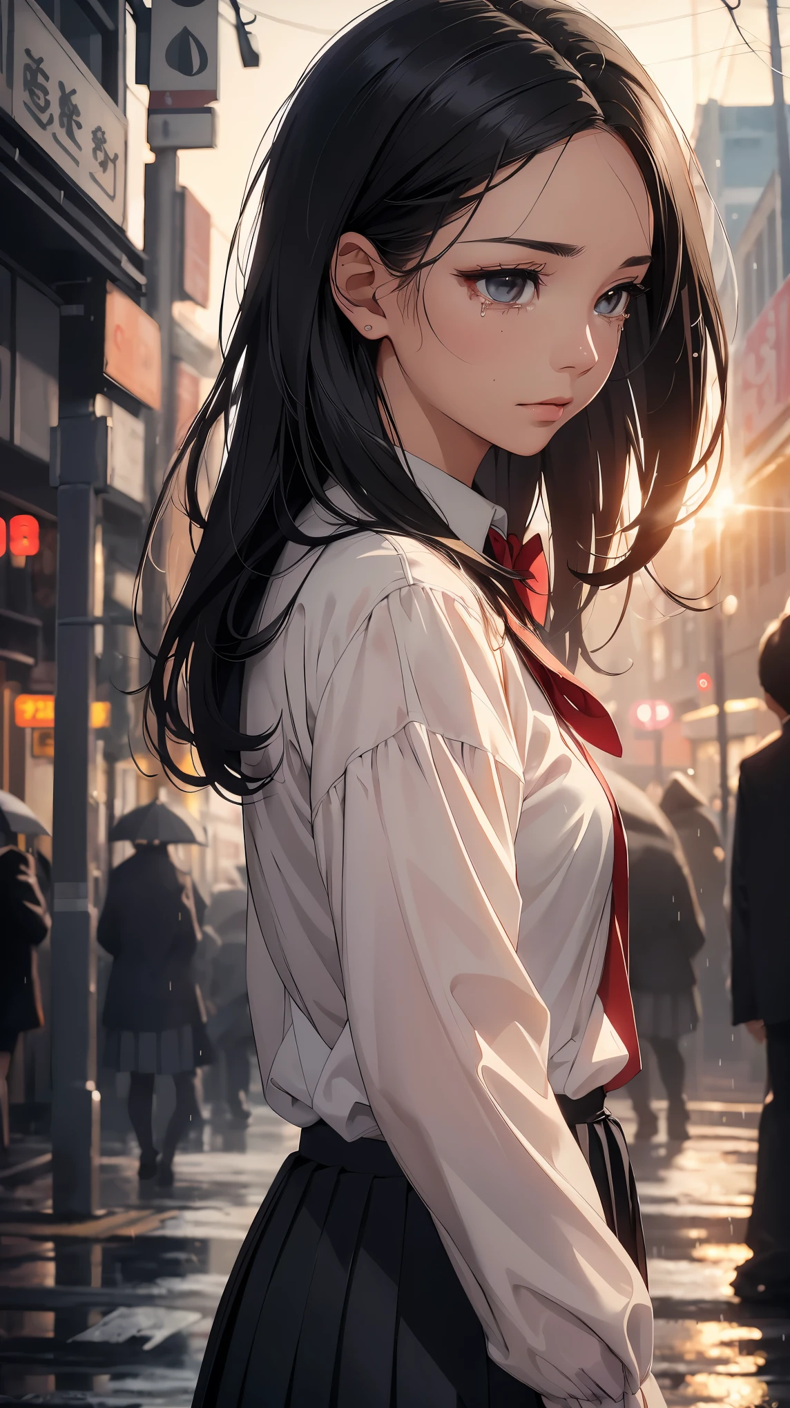 concept:Are crying女性のポートレート, quality:(最高quality, 8k, 4k, High resolution, masterpiece:1.2), Super detailed, (real, photorealistic:1.37), 高qualityのアートワーク, beautiful illustrations, illumination:Bright colors, Lens flare, The overall dramatic atmosphere of the scene, natural light, Subject information:alone, , (round eyes), (small face), (high detail skin:1.2), long eyelashes, glossy lips, (black hair, medium hair, show your forehead, black eye), perfect face, shiny skin, baby face, long eyelashes, (slender body:1.2), beautiful hair, beautiful face, fine and beautiful eyes, beautiful body, beautiful fingers, crying face:1.2, lovelorn,(anatomically correct), (school uniform, white shirt, ribbon, red pleated skirt), profile, flowing tears, Are crying, Other details:bustling street, night, rain, The light of the neon sign casts a beautiful golden glow around it., 細部までこだわったrealな光と影, background bokeh, 135㎜, f/2.8, photo shoot,
