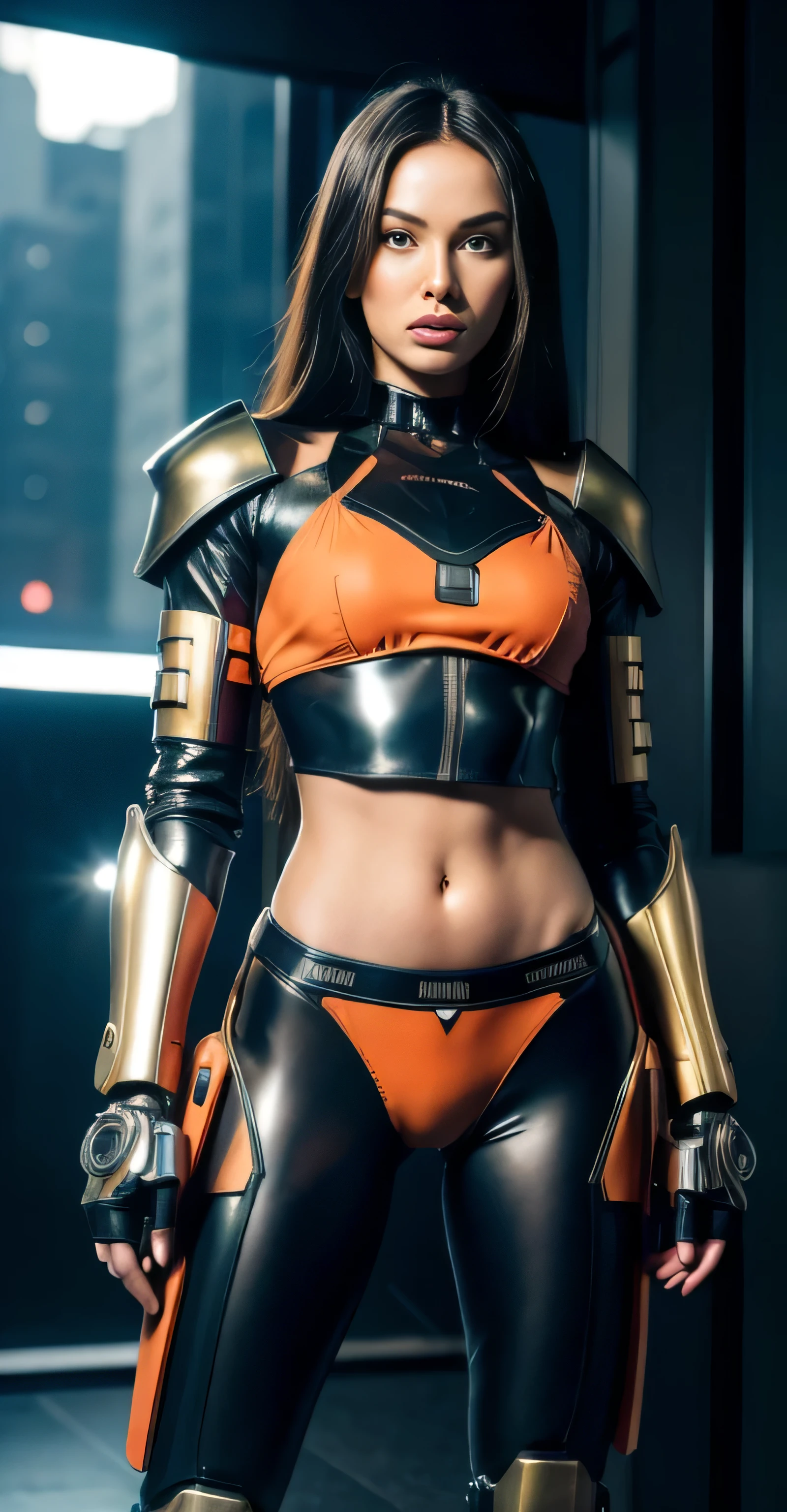 ((masterpiece, 8K, 3D, Realistic, Super Detail)), (1girl:1.3), slender , Ultra Micro photography, Super realistic, Perfect face, Beautiful features, ((Perfect female body)) Beautiful features, ( body), ((small hip)), Megan Fox as (((2 piece Bikini))), Sci-fi futuristic cyberpunk ((bionic orange chest metal armor suit)), Futuristic soldier, ((Exposed thigh)), Exposed Skin, Front Full body Shot, full body portrait, futuristic city background
