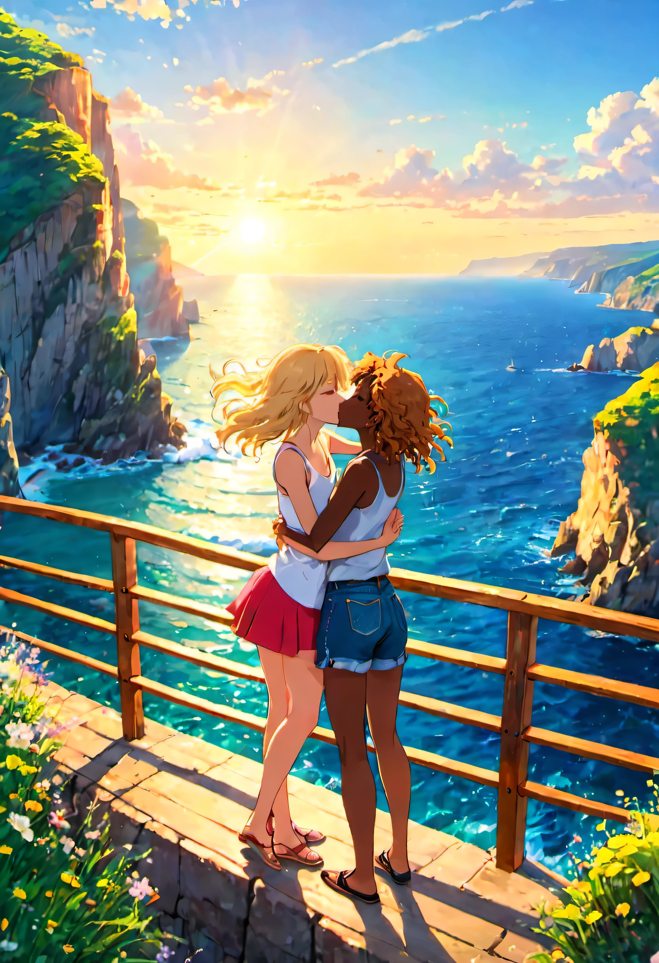 two anime girls kissing, both closed eyes, dynamic poses, Location: A viewpoint atop a cliff by the sea on a summer morning. Climate: The sun shines brightly in the clear sky, while a soft sea breeze cools the atmosphere. Atmosphere: The sound of the waves crashing against the rocks below creates a relaxing melody. The aroma of salt and algae mixes with the freshness of the sea air. Schedule: Early morning, with the sun emerging over the horizon. Ethnicities of the couples: A multiracial couple, one with curly hair and dark skin, the other with blonde hair and light skin. Clothing details: Girl 1 is wearing a tank top and denim shorts, while Girl 2 is wearing a white top and a brightly colored long skirt. Background of the place: A viewpoint with wooden railings, overlooking a deep blue sea and steep cliffs.