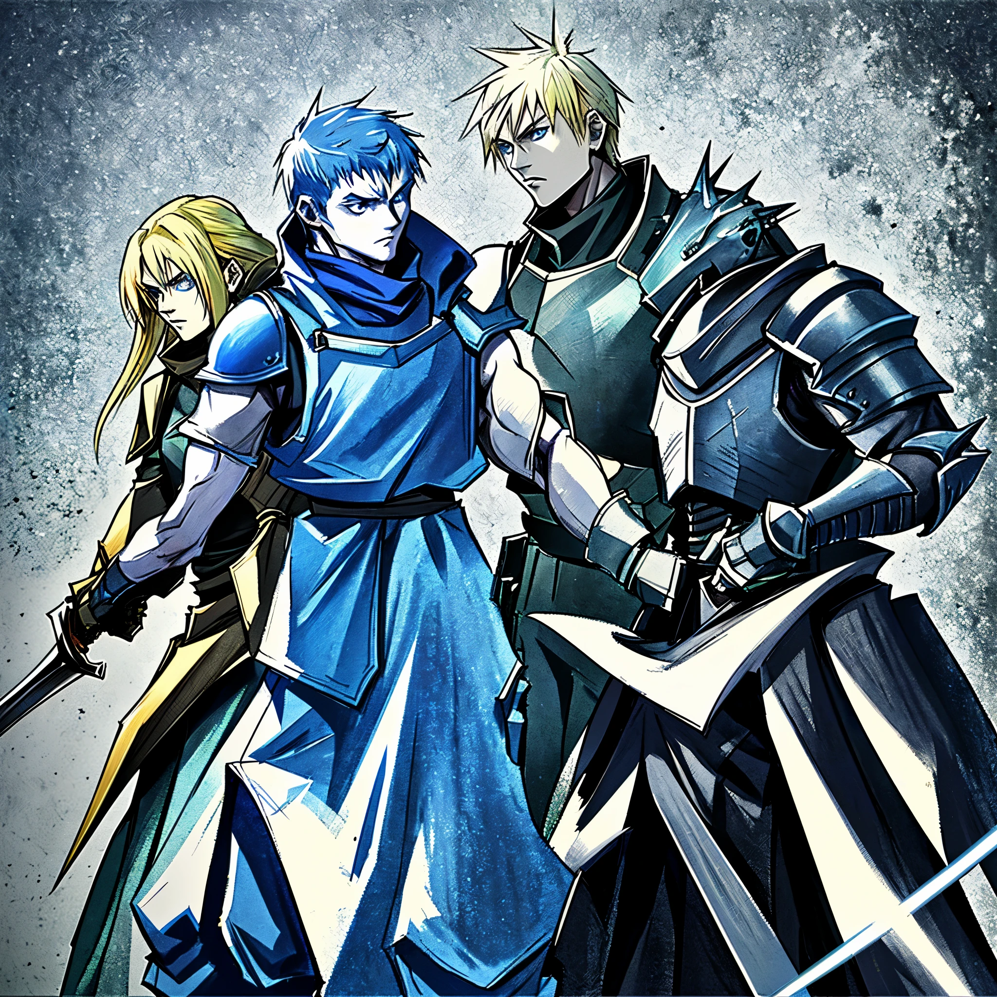 Male character with blue eyes blonde spikey hair and white skin holding big square buster sword wearing dark blue sleeveless turtleneck soldier baggy dark blue cargo pants waist overall holster shoulder arm armor beautiful dynamic lighting character portrait standing up waist up