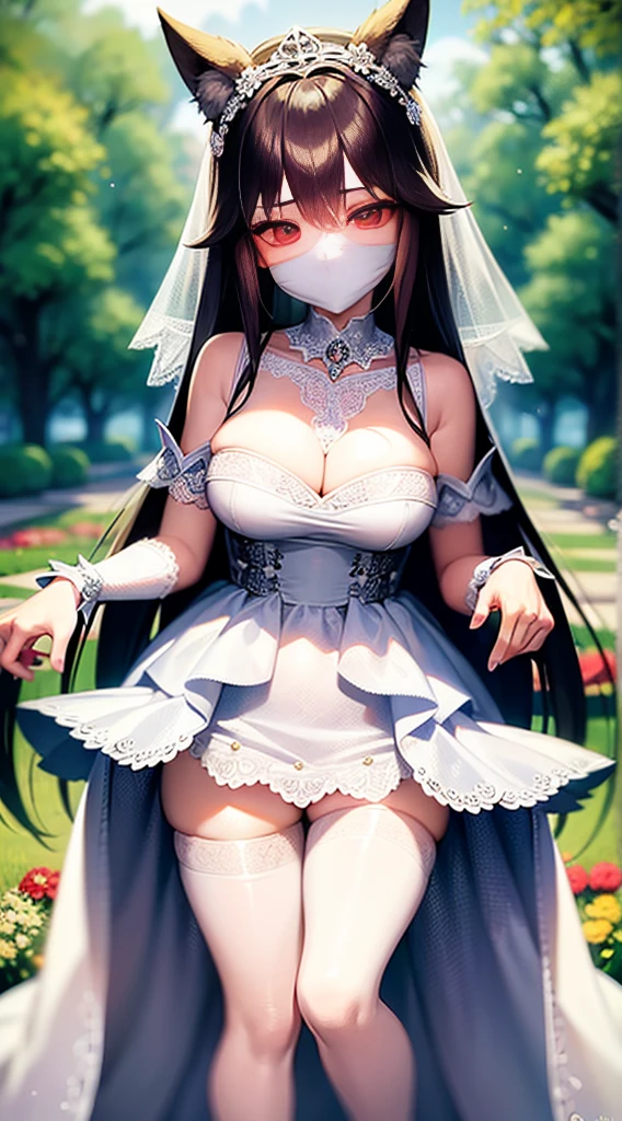 high quality, masterpiece, super detailed, 1 girl, extremely detailed faces,white lace bikini，white cloak，princess crown，Calm expression,White cloth gag，handcuffs，Collar，long black hair, charming pink eyes, fox ears,  castle，garden，waterside，
