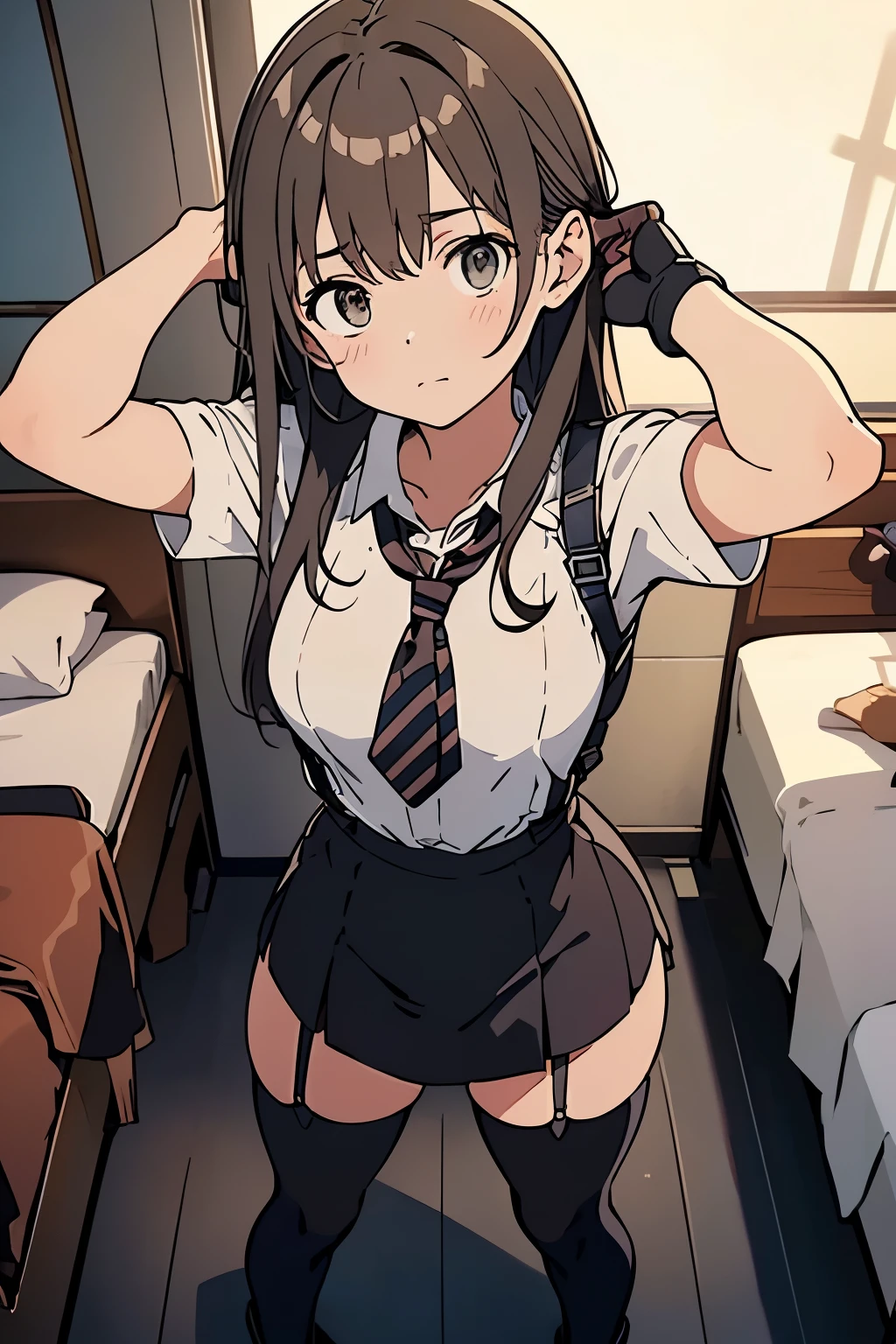 brown hair、looking at the viewer suspenders big swollen breasts black mini skirt garter belt knee high socks Aerial perspective small face bangs Beauty hands up sideways view black boots provocation one person hands behind put your hands behind your back Hands behind your back With your hands behind your back armed holster Belt Garter Bell Black Gloves with Holes A Hotel Room Bed wall side blonde