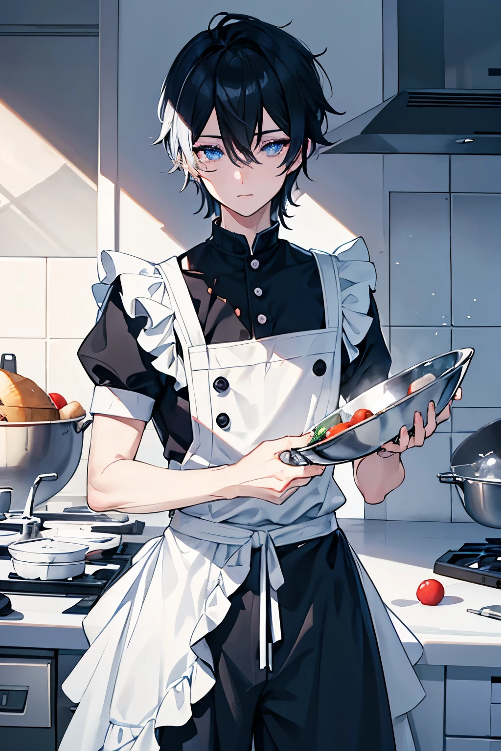 male black hair blue eyes kitchen white frilly apron slacks pants frill cutter bootake a dish Stir-fried vegetables whole body cool masterpiece Highest image quality noise removal clear parts cinematic shadow Increases the attractiveness of the eyes clear parts the shine of the eyes draw eyelashes neatly perfect eyes detailed eyes sharpen image quality sharpen eye writing clear parts eye shape