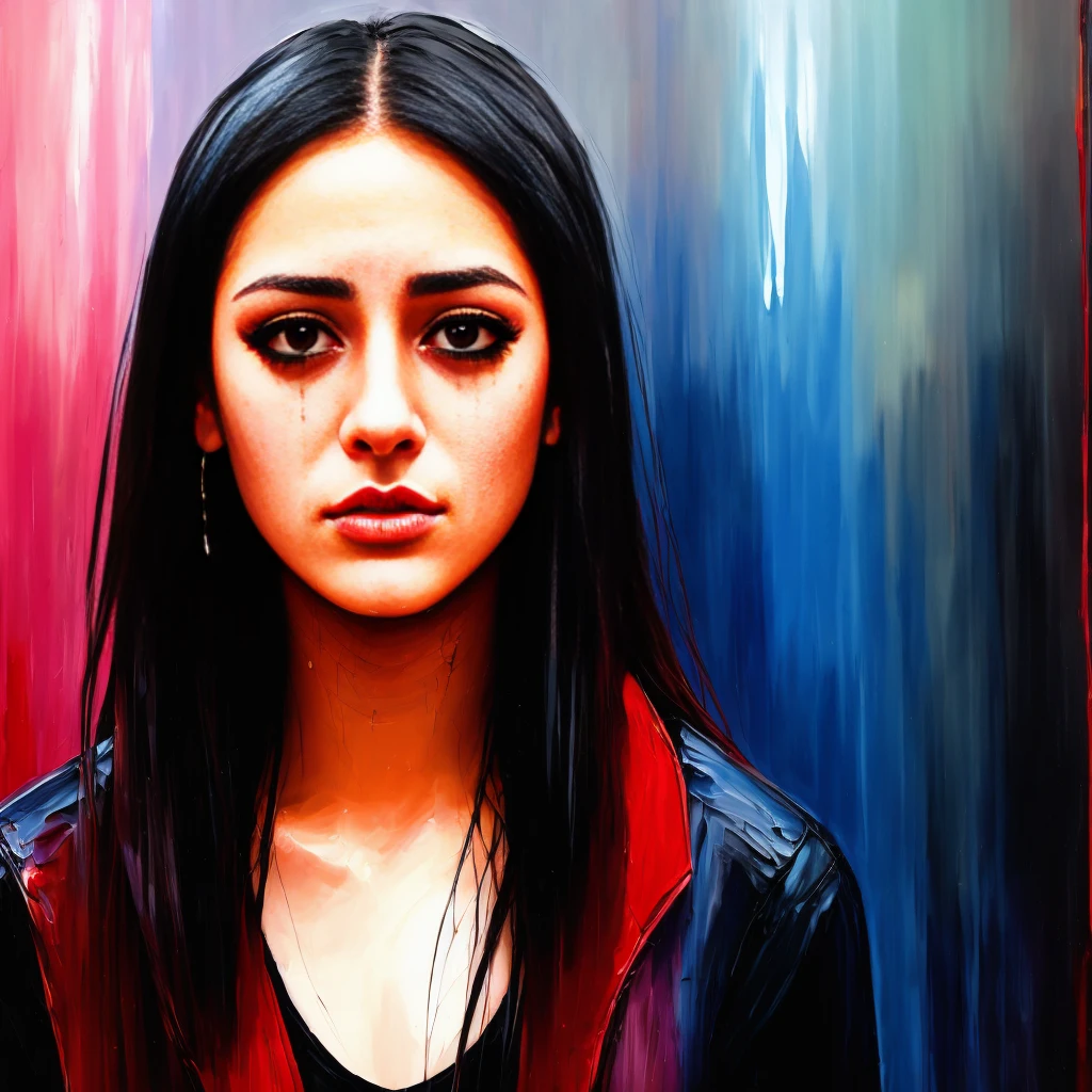 a girl crying,teardrops,distressed face,teary eyes,grief,sadness,mascara running,red and puffy eyes,emotional breakdown,loneliness,[heartbreaking],[emotional:1.1],[melancholic],[vulnerable],[painful],[reflective],oil painting,dramatic lighting,dark background,soft brushstrokes,[best quality,highres:1.2],intense colors,warm hues