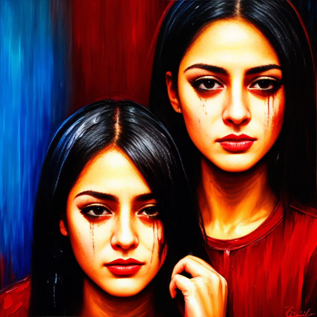 a girl crying,teardrops,distressed face,teary eyes,grief,sadness,mascara running,red and puffy eyes,emotional breakdown,loneliness,[heartbreaking],[emotional:1.1],[melancholic],[vulnerable],[painful],[reflective],oil painting,dramatic lighting,dark background,soft brushstrokes,[best quality,highres:1.2],intense colors,warm hues