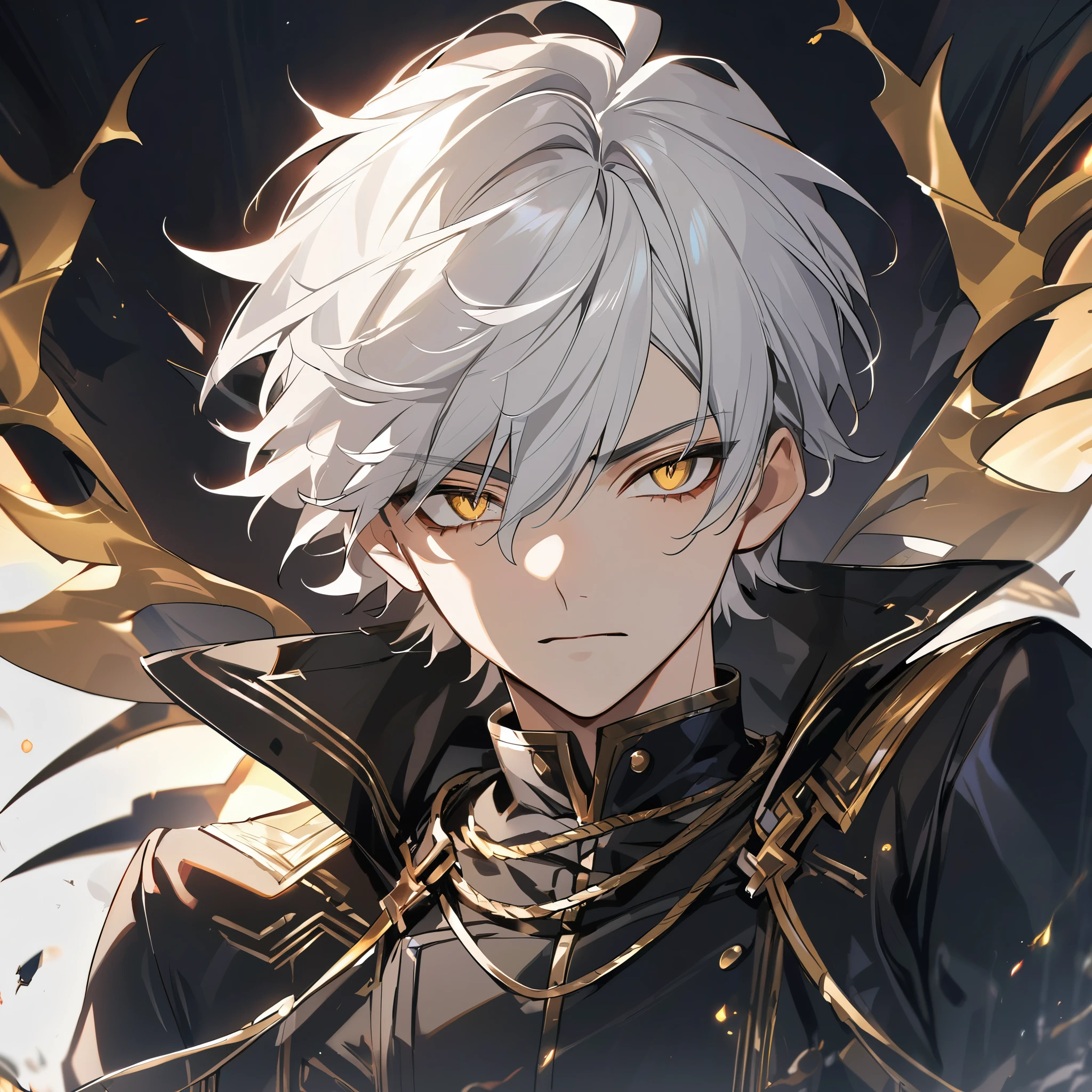 High quality, handsome male, 1male, 17 years old, teenager, golden lining, short white hair, flat cut hair, sharp eyes, gold eyes, devil may cry, close up, calm expression, stoic, black leather clothes, black jacket, upper body, looking at viewer, cowboy shot, black dragon background