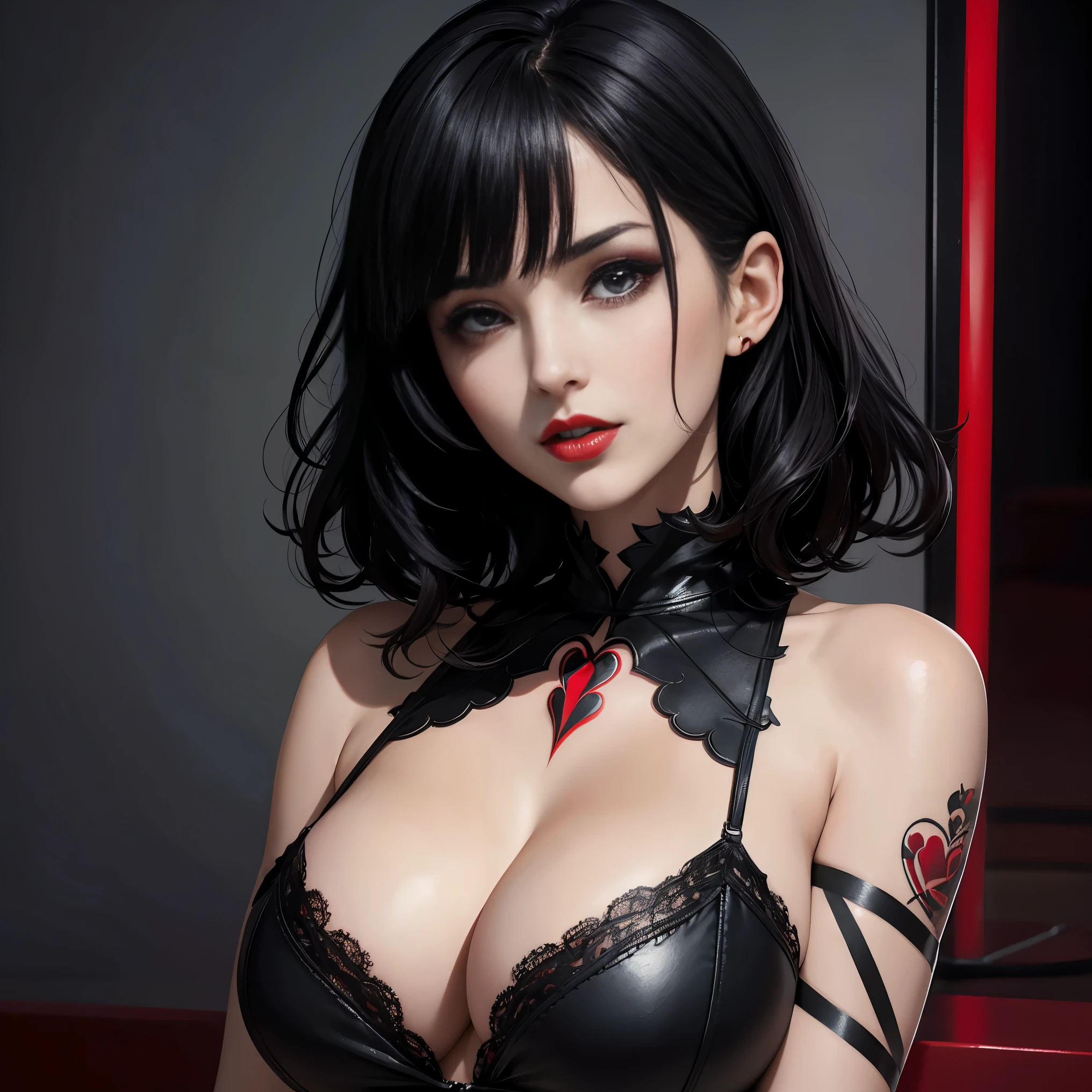 Beautiful 40 year old woman with short wavy black hair with bangs red lips black shirt avant-garde makeup black heart tattoo on her chest