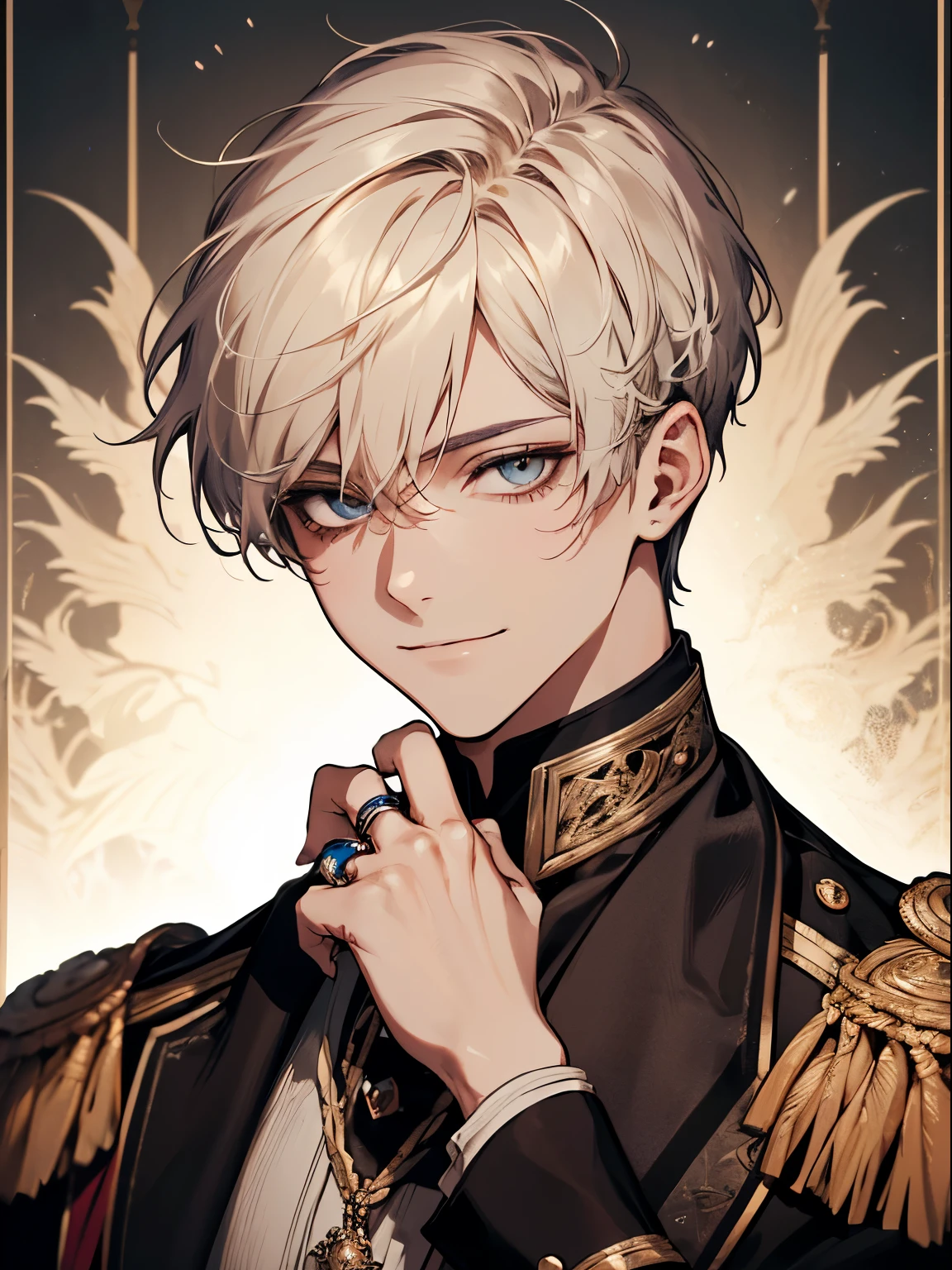 (absurdres, highres, ultra detailed), 1 male, adult, handsome, finely detailed eyes and detailed face, Emperor,, ring in background, Visual art, Occult, Universal, Vision casting, Philosophical, Iconography, Numerology, Popularity, Artistic, short hair, smile, calm expression, half shot