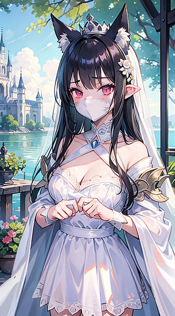 high quality, masterpiece, super detailed, 1 girl, extremely detailed faces,white lace bikini，white cloak，princess crown，Calm expression,White cloth gag，handcuffs，Collar，long black hair, charming pink eyes, fox ears,  castle，garden，waterside，