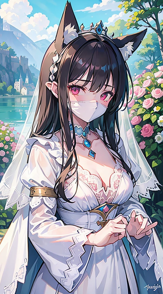 high quality, masterpiece, super detailed, 1 girl, extremely detailed faces,white lace bikini，white cloak，princess crown，Calm expression,White cloth gag，handcuffs，Collar，long black hair, charming pink eyes, fox ears,  castle，garden，waterside，