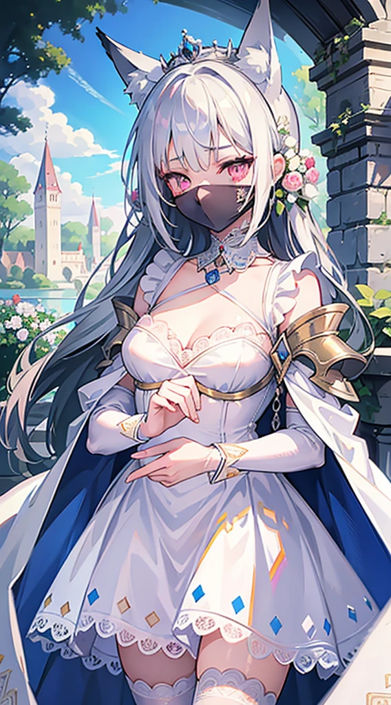 high quality, masterpiece, super detailed, 1 girl, extremely detailed faces,white lace bikini，white cloak，princess crown，Calm expression,White cloth gag，handcuffs，Collar，long black hair, charming pink eyes, fox ears,  castle，garden，waterside，