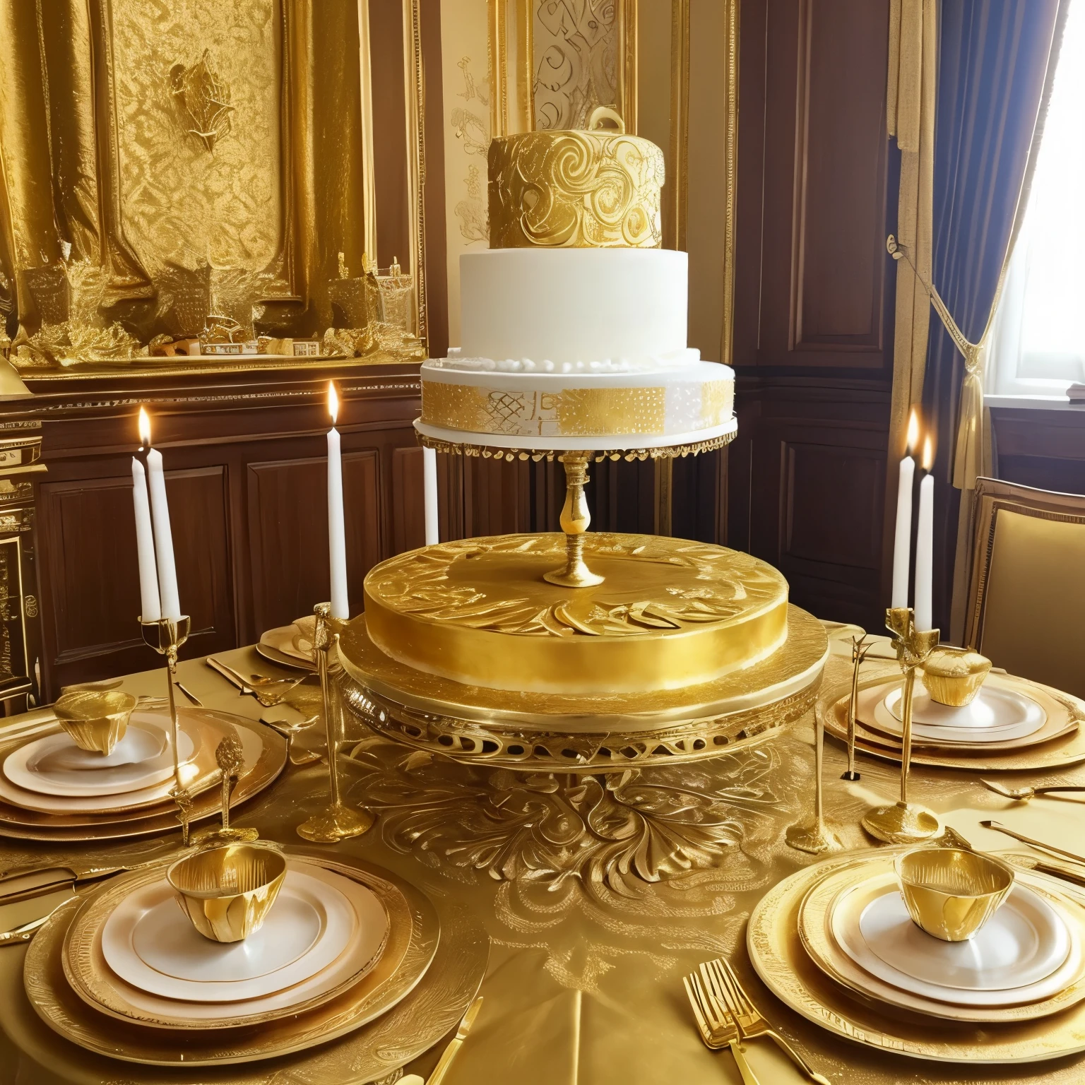 ((Tribute to "Cleonice" with golden-toned cake and party elements: 1.3)), Beautiful homage to "Cleonice": 1.4, ((Golden-hued cake: 1.2)), Extravagant celebration: 1.3, ((Detailed cake decorations: 1.2)), ((Rich textures: 1.1)), Delicate details: 1.5, ((Golden accents: 1.2)), ((Honoring "Cleonice'emory: 1.2)), Lovely tribute: 1.4, ((Golden table setting: 1.1)), ((Golden