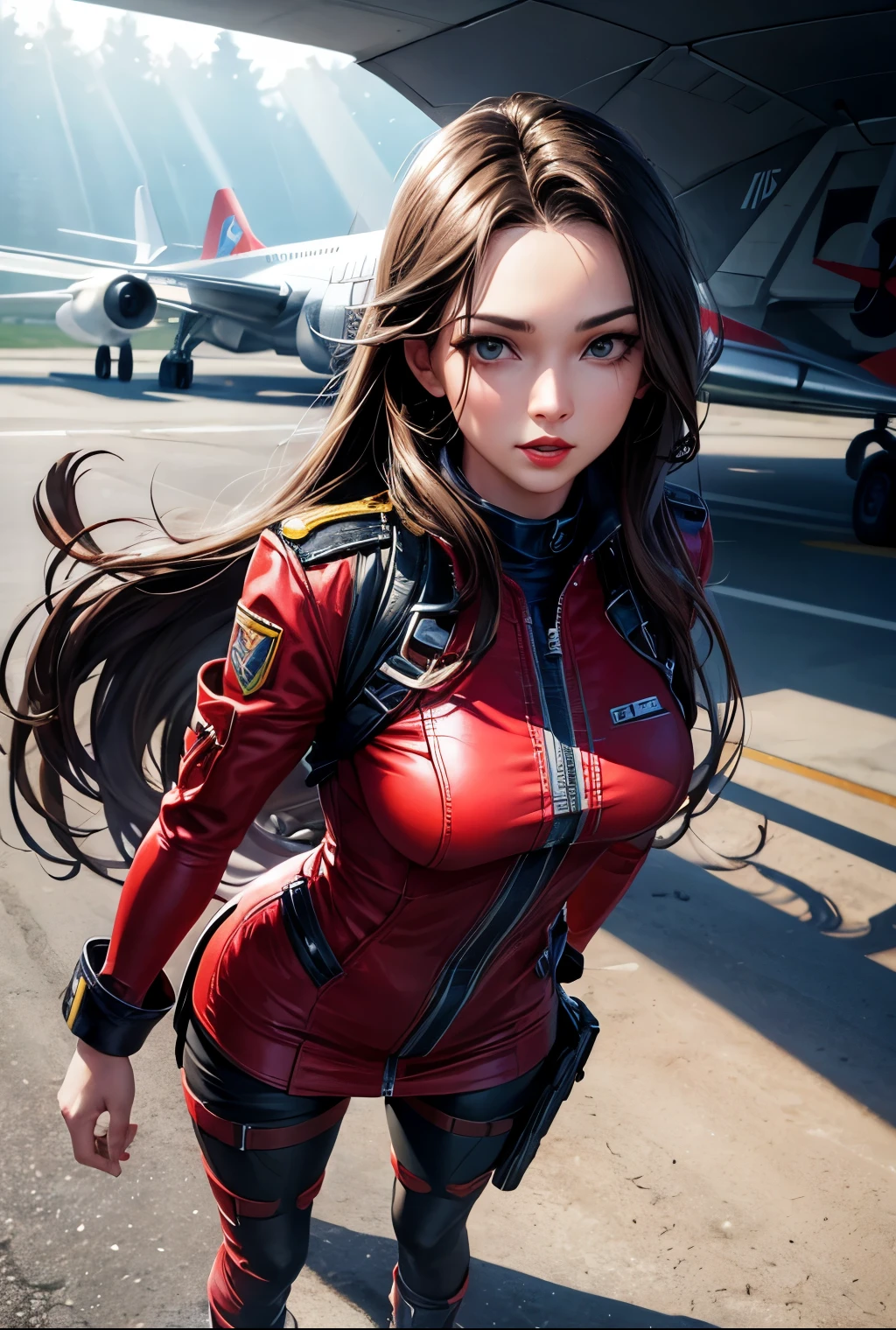 Woman, aviator clothes, long hair, seductive eyes, red lips, 2d background, Surrealism, cinematic lighting, from above, god rays, UHD, masterpiece, textured skin, super detail, high quality