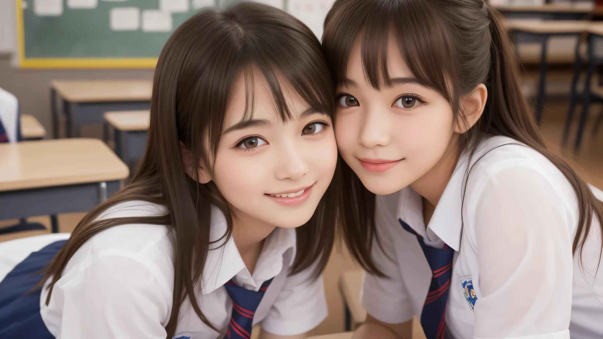(2 girls:1.2), incredibly beautiful face, enchanting smile, (school uniform, mini skirt:1.2), (highest quality: 1.4), (Super detailed), (highest quality:1.4), (Super detailed), evening, very high resolution, (Upper body), close up face, (School, classroom), School anime, anime illustration,