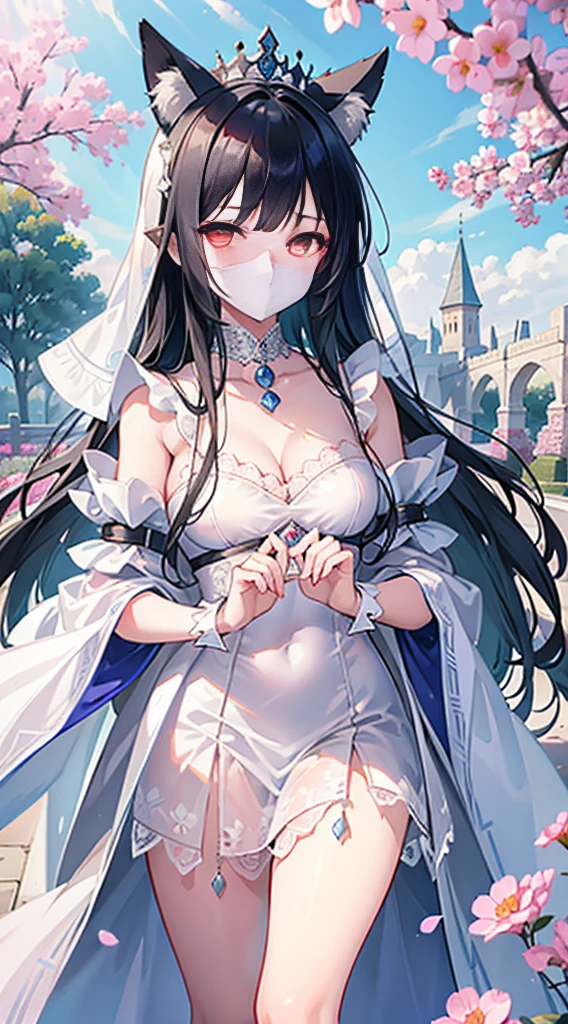 high quality, masterpiece, super detailed, 1 girl, extremely detailed faces,white lace bikini，white cloak，princess crown，Calm expression,White cloth gag，handcuffs，Collar，long black hair, charming pink eyes, fox ears,  castle，garden，waterside，