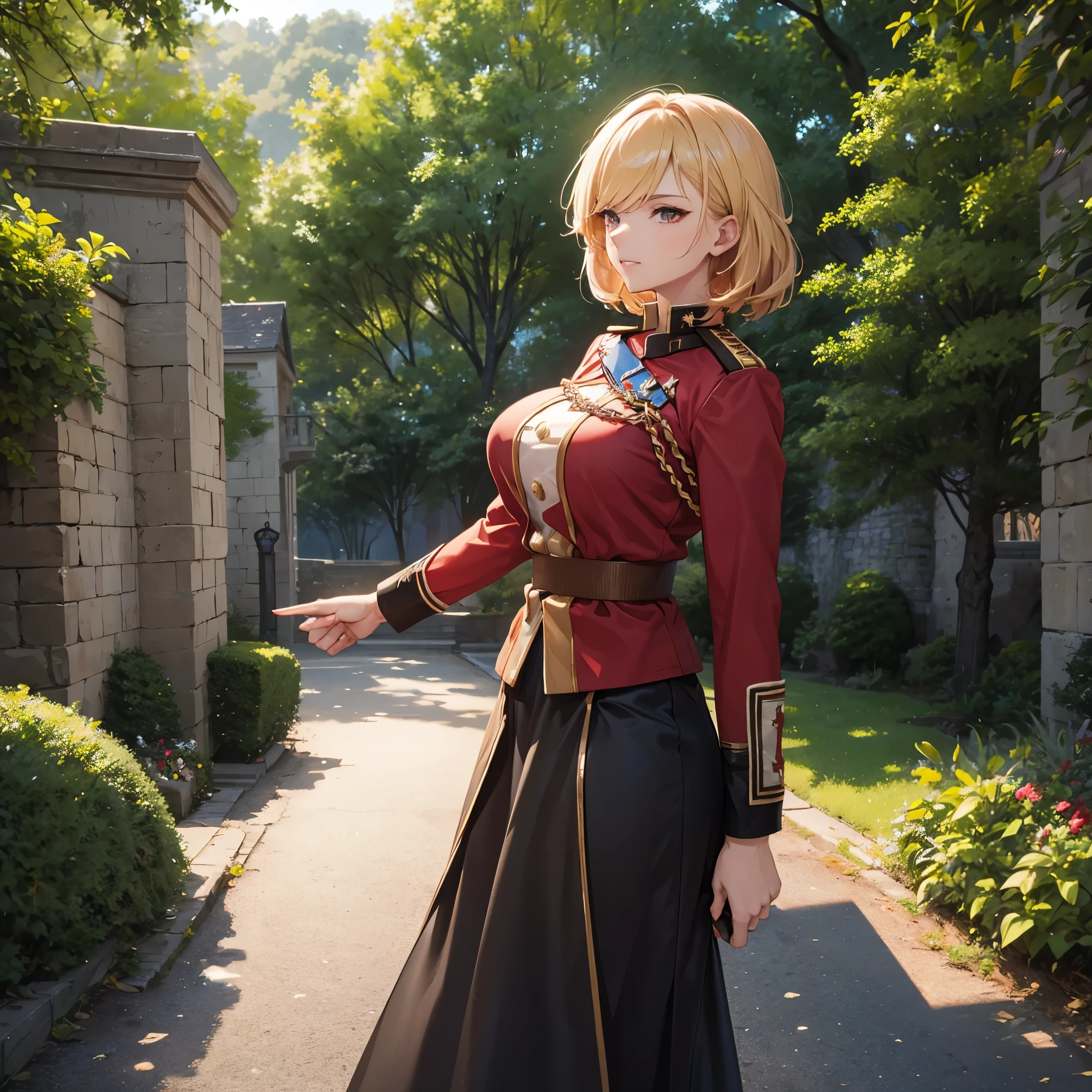 A woman wearing red military uniform with gold details, medals, big breasts, short blonde hair, red eyes, outside a large medieval castle, with forest around.
