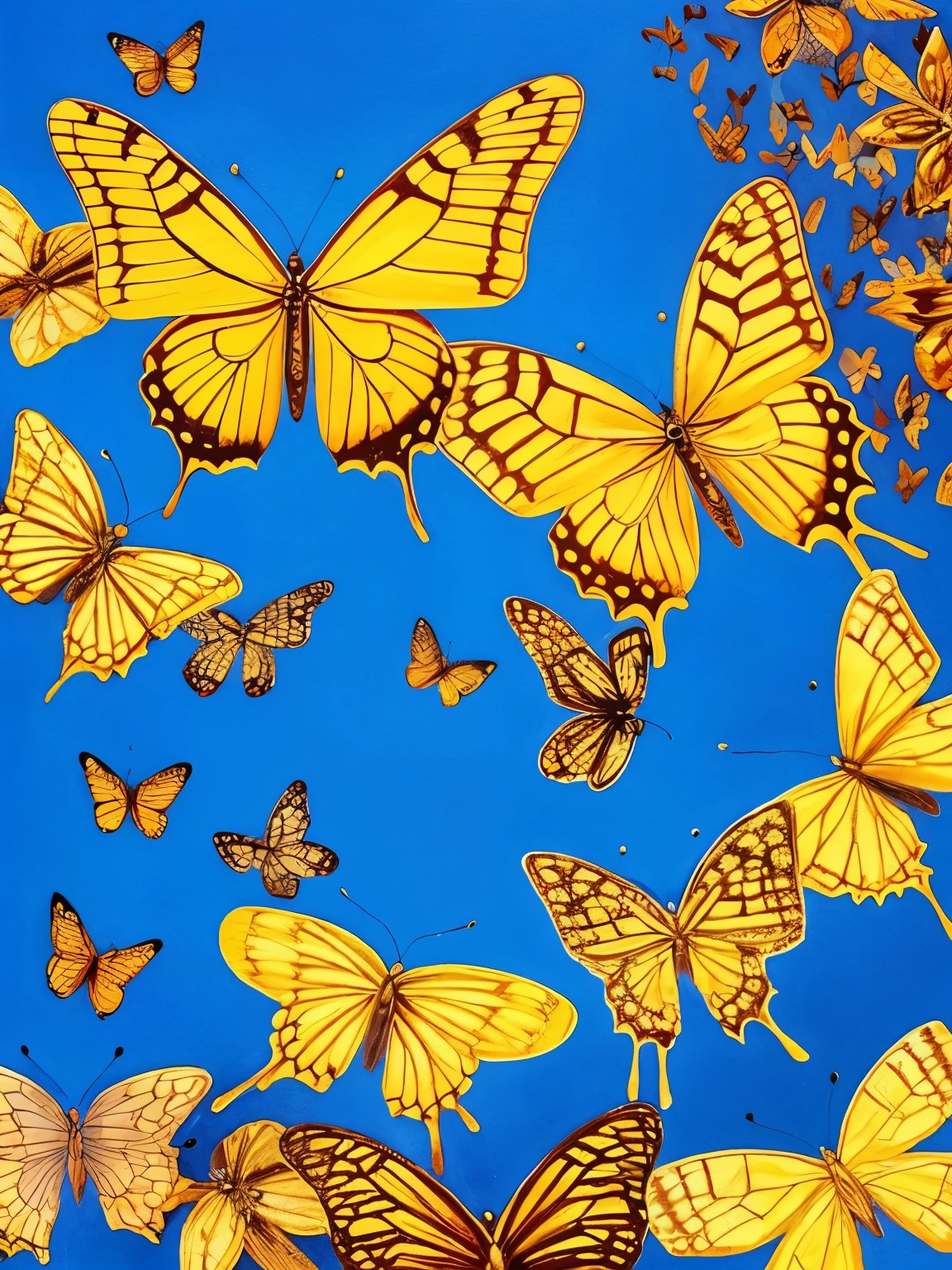 painting of a blue sky with a lot of butterflies flying around, by David Michie, butterflies floating in the sky, gold leaf painting, by Yoann Lossel, mat collishaw, by Virginia Lee Burton, gold and indigo, by Andrea Pozzo, by Marie Vassilieff, by Genevieve Springston Lynch, by Shen Che-Tsai