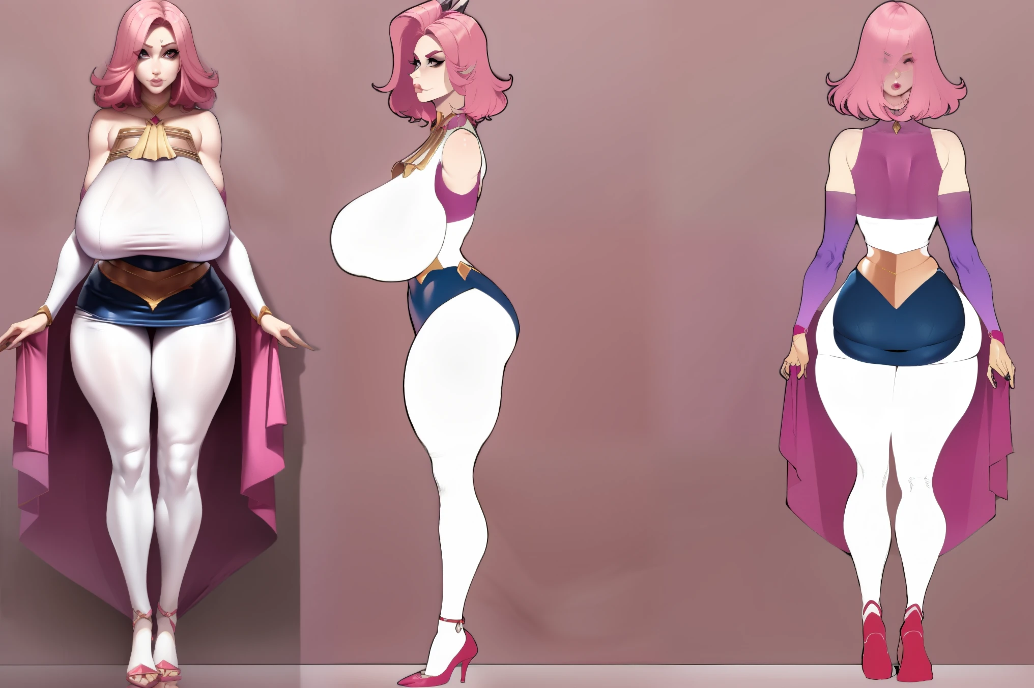 character sheet of a female superhero, short pink hair, milf, mature, short hairstyle, slim face, high cheekbones, big lips, full lips, up-turned nose, pointy nose, pouting, pouting lips, pale skin, 90s glamour makeup, tall, curvaceous, small waist, big hips, hip dips, big breasts, gigantic breasts, sagging breasts, long legs, pink and white bathing suit, pink cape, 5 inch stilettos, superhero pose, Best quality, 8k, Masterpiece, realistic, photorealistic, nagatiti(Gigantic Breasts:1.6)(hanging breasts: 1.5)