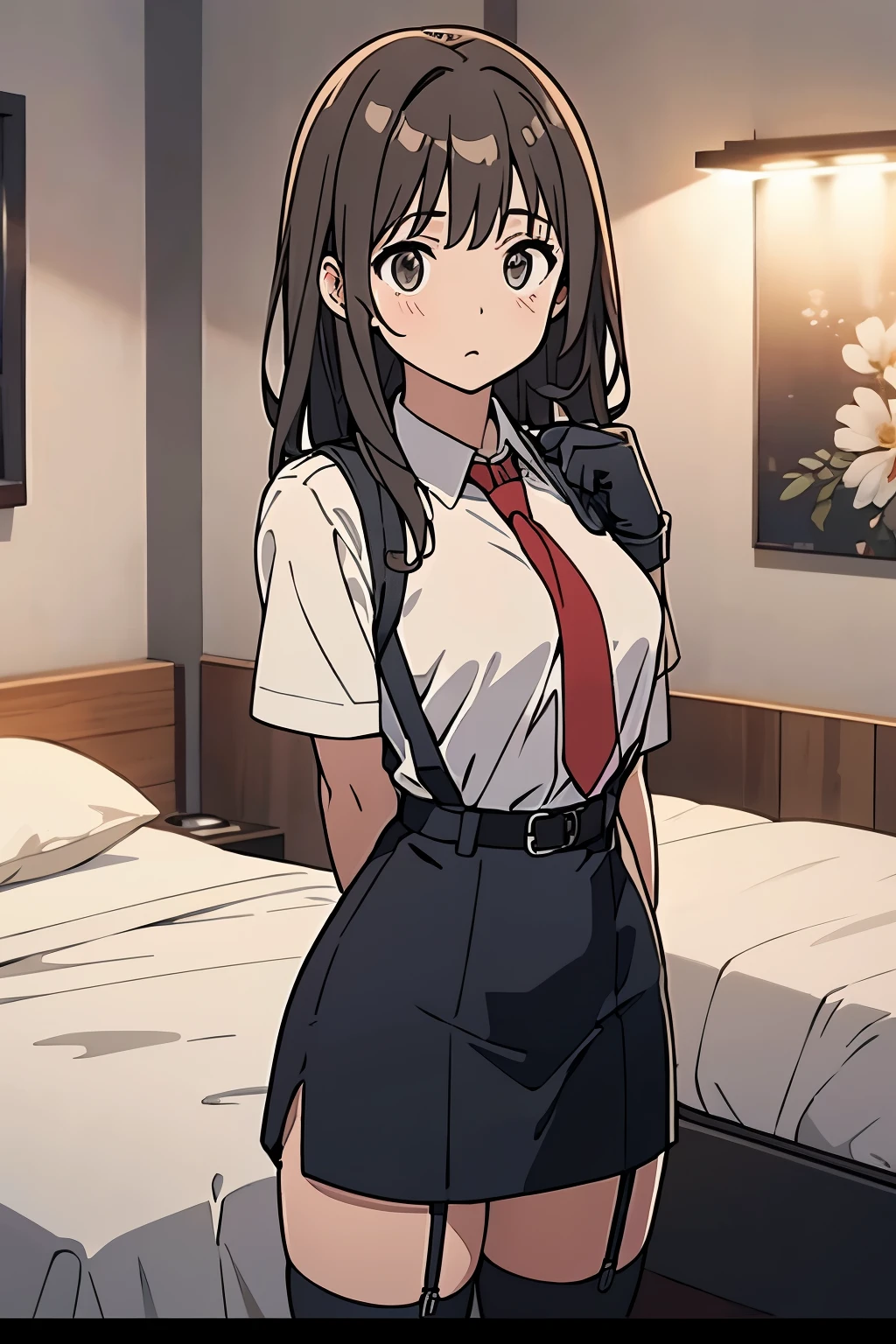 brown hair、looking at the viewer　　suspenders　　　big swollen breasts　　 　 　　　　black mini skirt　garter belt　knee high socks　　　　　　Aerial perspective　　　small face　bangs 　　　　　Beauty　　hands up　　 　sideways view 　black boots 　provocation　　　one person 　　　　　　hands behind　put your hands behind your back　Hands behind your back　With your hands behind your back　armed　holster　　Belt Garter Bell Black Gloves with Holes A Hotel Room　Bed　wall side　blonde