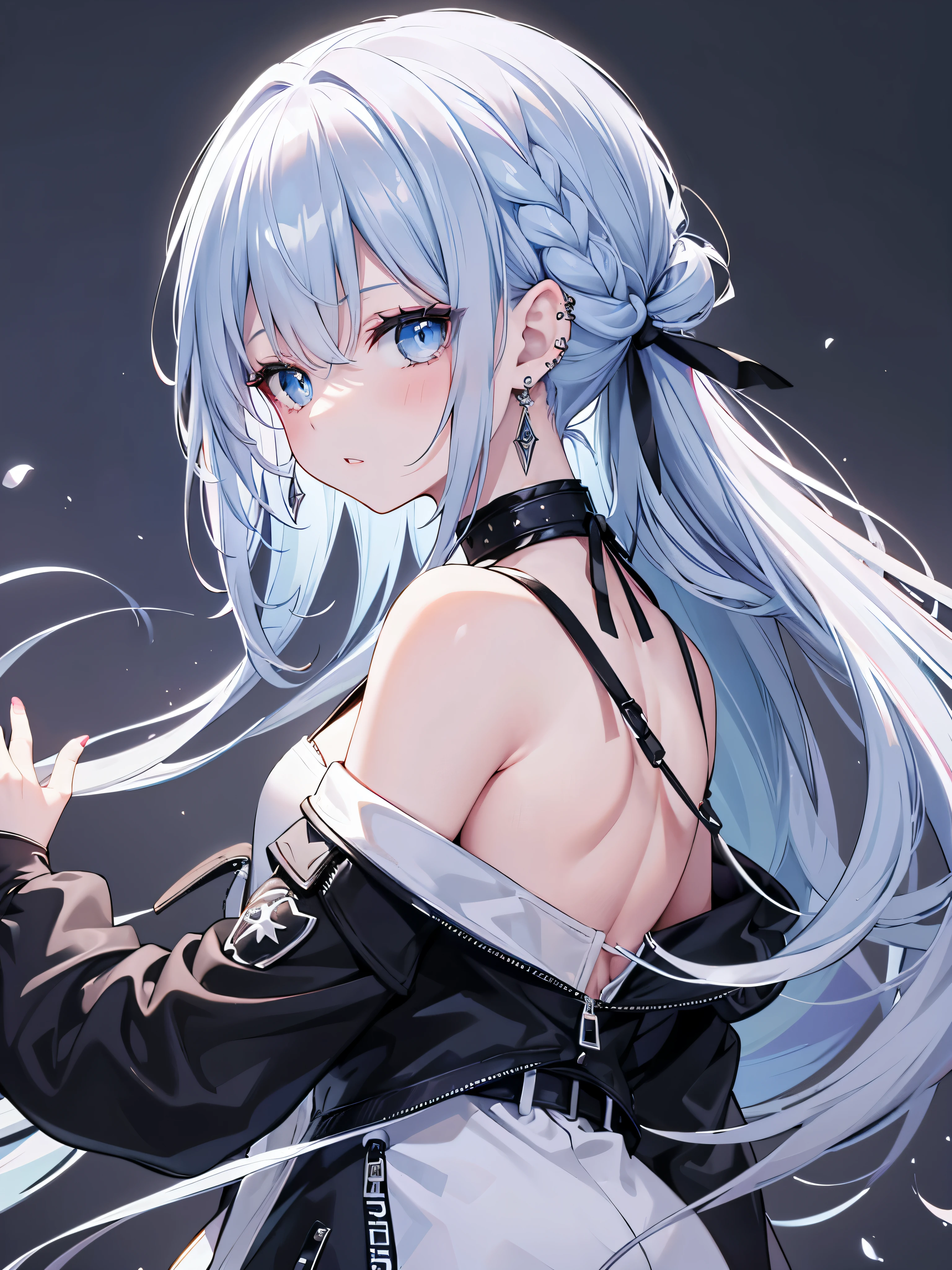 1demongirl, aqua eyes, back, bangs, bare shoulders, black gloves, blue eyes, braid, choker, earrings, fingerless gloves, from behind, gloves, grey hair, holding, jacket, jewelry, long hair, looking at viewer, looking back, nail polish, off shoulder, parted lips, piercing, ponytail, red jacket, solo, upper body,baiyi,[[realistic]],(shiny skin),(masterpiece:1.4),(best quality:1.4)