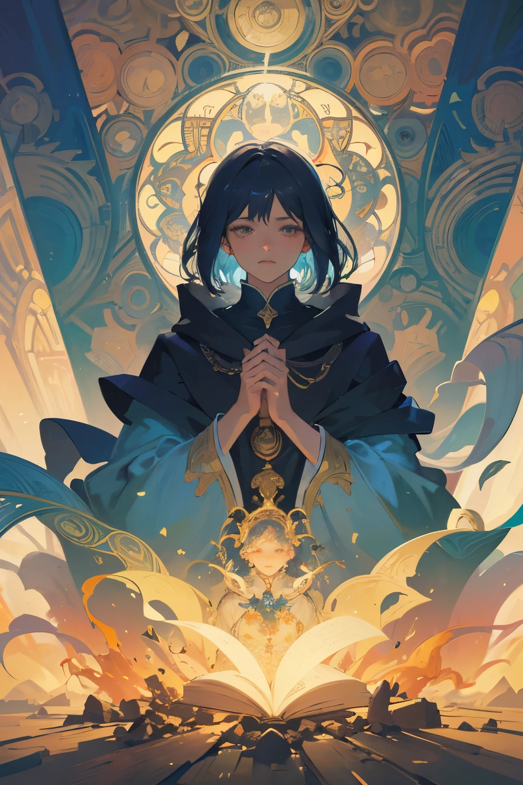 masterpiece, (absurdres, highres, ultra detailed), 1 man, wizard, mage, magical academy in the background, magic, short hair, Symbolism, Visual art, Occult, Universal, Vision casting, Philosophical, Iconography, Numerology, Popularity, Artistic, Alfons Mucha