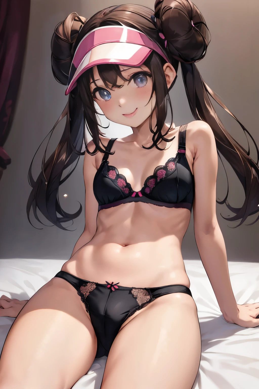 table top、highest quality、High resolution、1 girl、solo、short height、small shoulder width、、thin legs、smile、dark brown hair、bun hair、blue eyes、long twin tails、visor cap、pink ribbon、((Sexual black bra with detailed decoration、Sexual black panties with detailed decoration))、clock、sitting on the bed、A photo of the subject taken from below