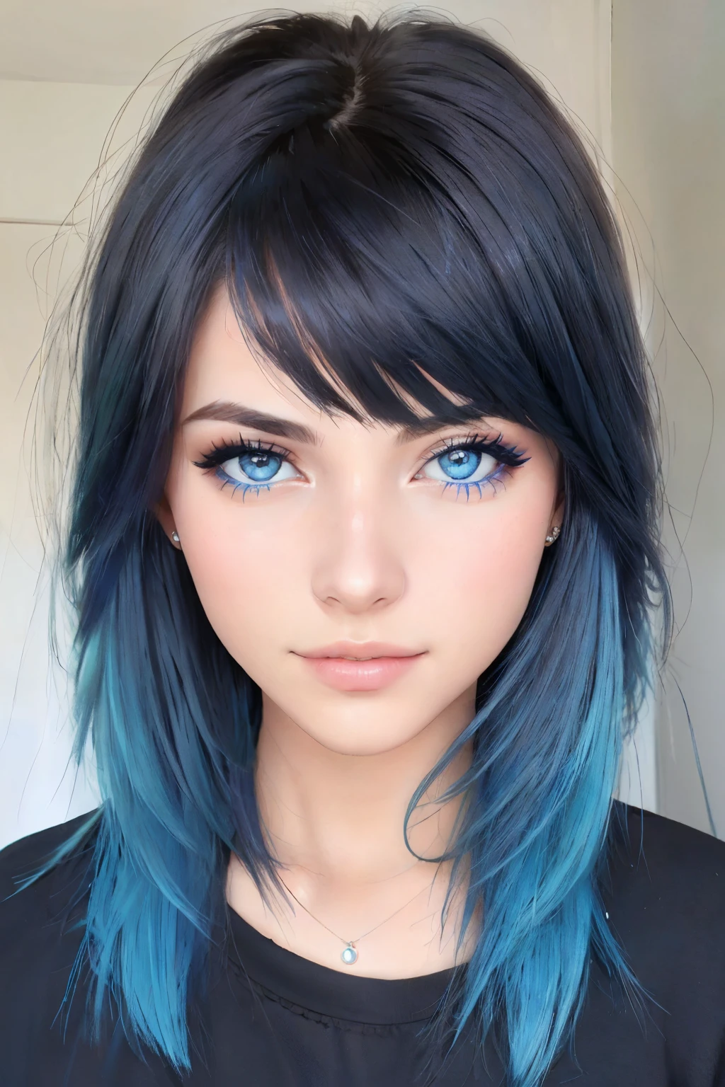 Crear una imagen de una mujer joven con ojos azules, cabello rubio ondulado oscuro