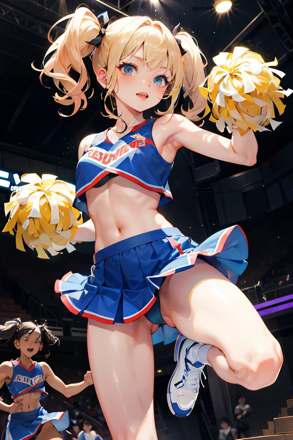 Cheerleader, dancing, crouching, stepping, showing armpits, raising legs, blonde twintails,