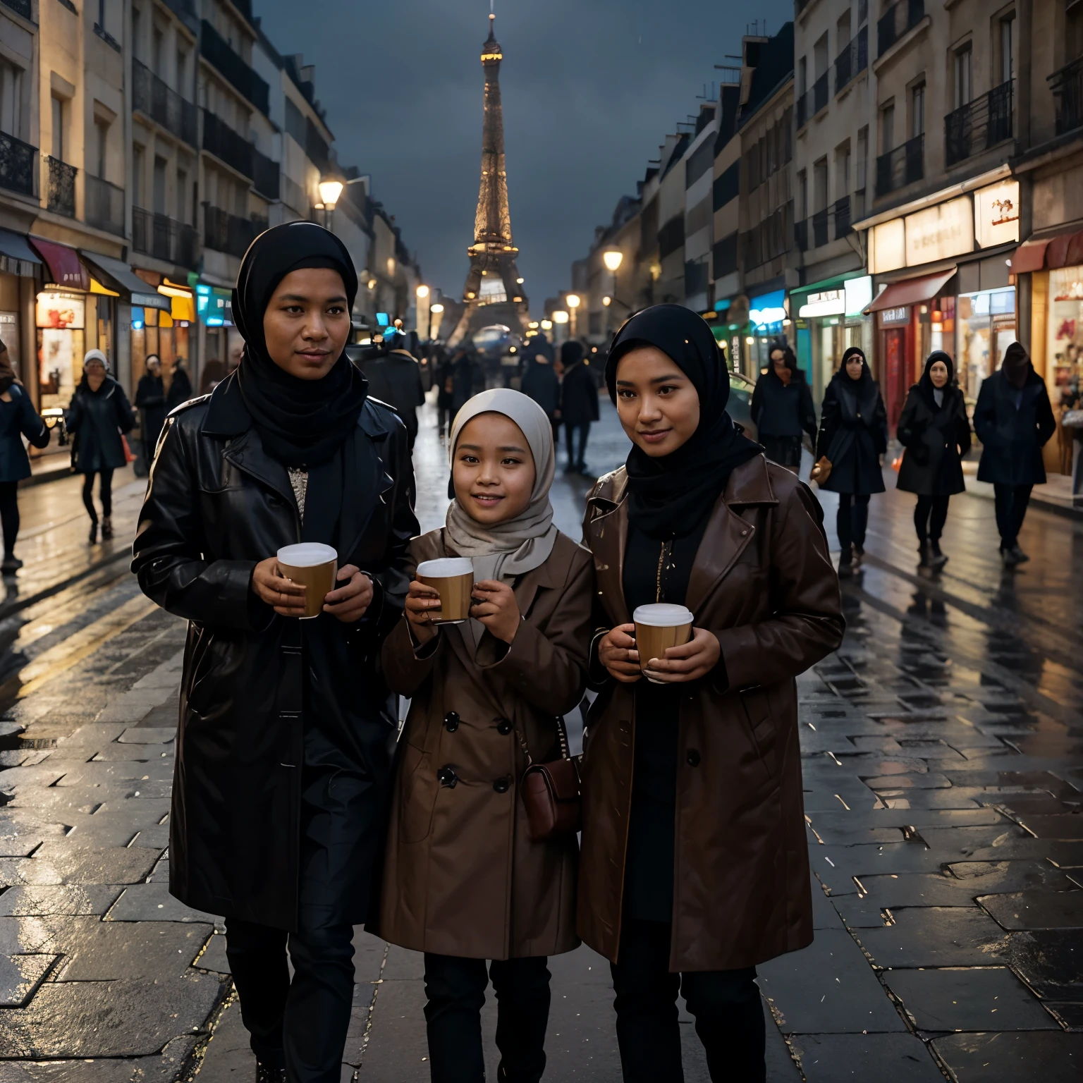 One indonesian family, clean face, father and mother wearing black and brown leather coats, wearing hijab, one girl aged 10 years, one girl aged 1 year, wearing hijab, snow rain, each other holding a paper cup glass coffee, celebrate new year, walking in paris street road during winter, eiffel tower background, midnight feel, photo realistic, dep of field, very detailed.
