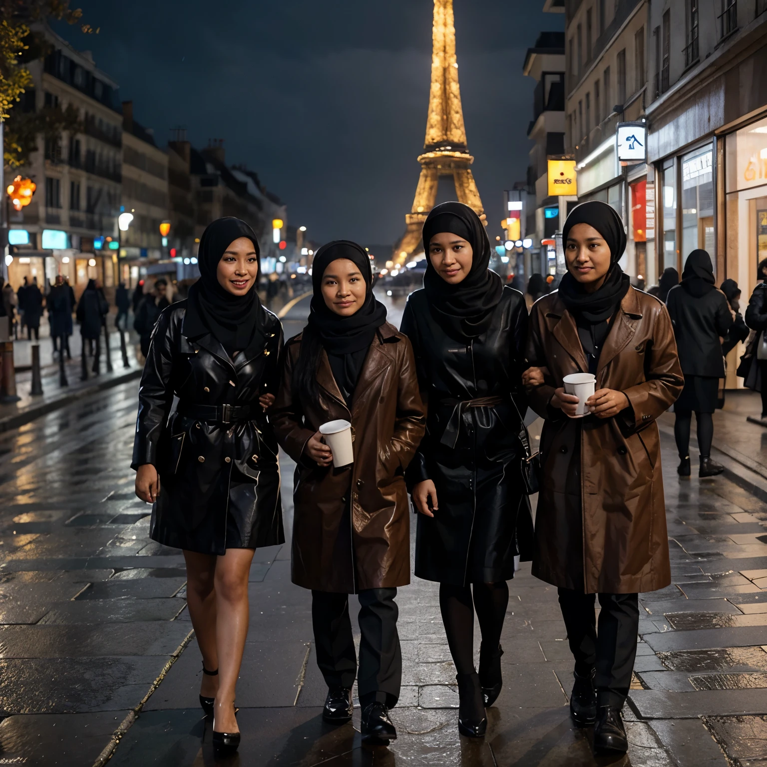 One indonesian family, clean face, father and mother wearing black and brown leather coats, wearing hijab, one girl aged 10 years, one girl aged 1 year, wearing hijab, snow rain, each other holding a paper cup glass coffee, celebrate new year, walking in paris street road during winter, eiffel tower background, midnight feel, photo realistic, dep of field, very detailed.