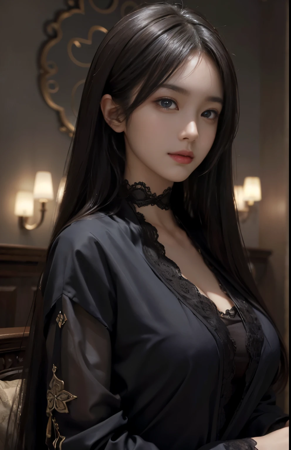 (Ultra Realistic), (Illustration), (Increased Resolution), (8K), (Extremely Detailed), (Best Illustration), (Beautiful and Detailed Eyes), (Best Quality), (Ultra Detailed), (Masterpiece ), ( wallpaper), (detailed face), solo, 1 girl, looking at viewer, fine details, detailed face, in the dark, deep shadows, low key, pureerosfaceace_v1, smiling, long hair, black shawl straight hair , 46 points oblique bangs