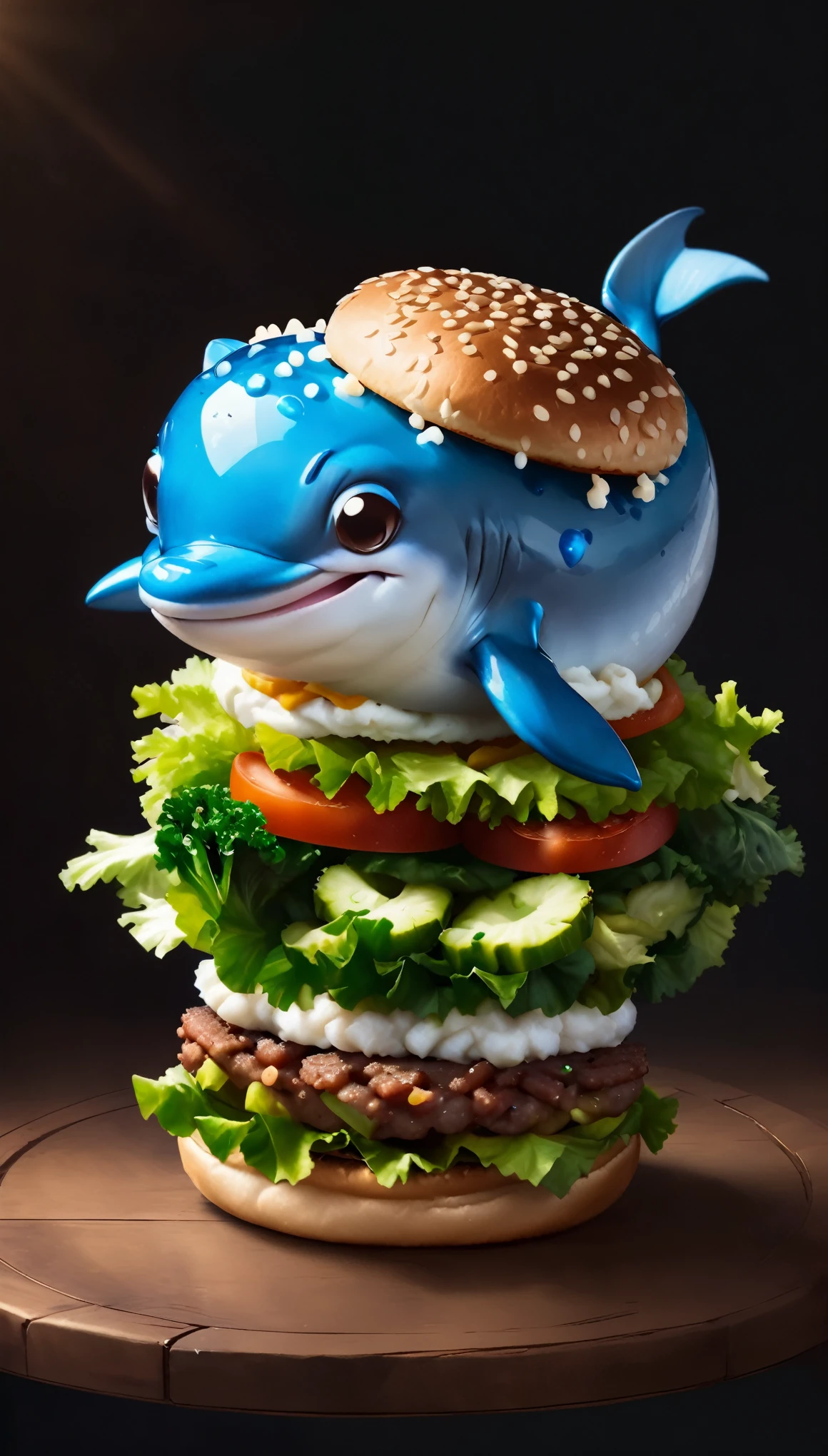 Very cute and attractive anthropomorphic blue dolphin burger, Splashes of cheese，Vegetable beef, Dessert shop background，kawaii, looking at the audience, , Crazy details, fine details, light, fantasy art, dynamic composition, epic reality, Award-winning food illustrations