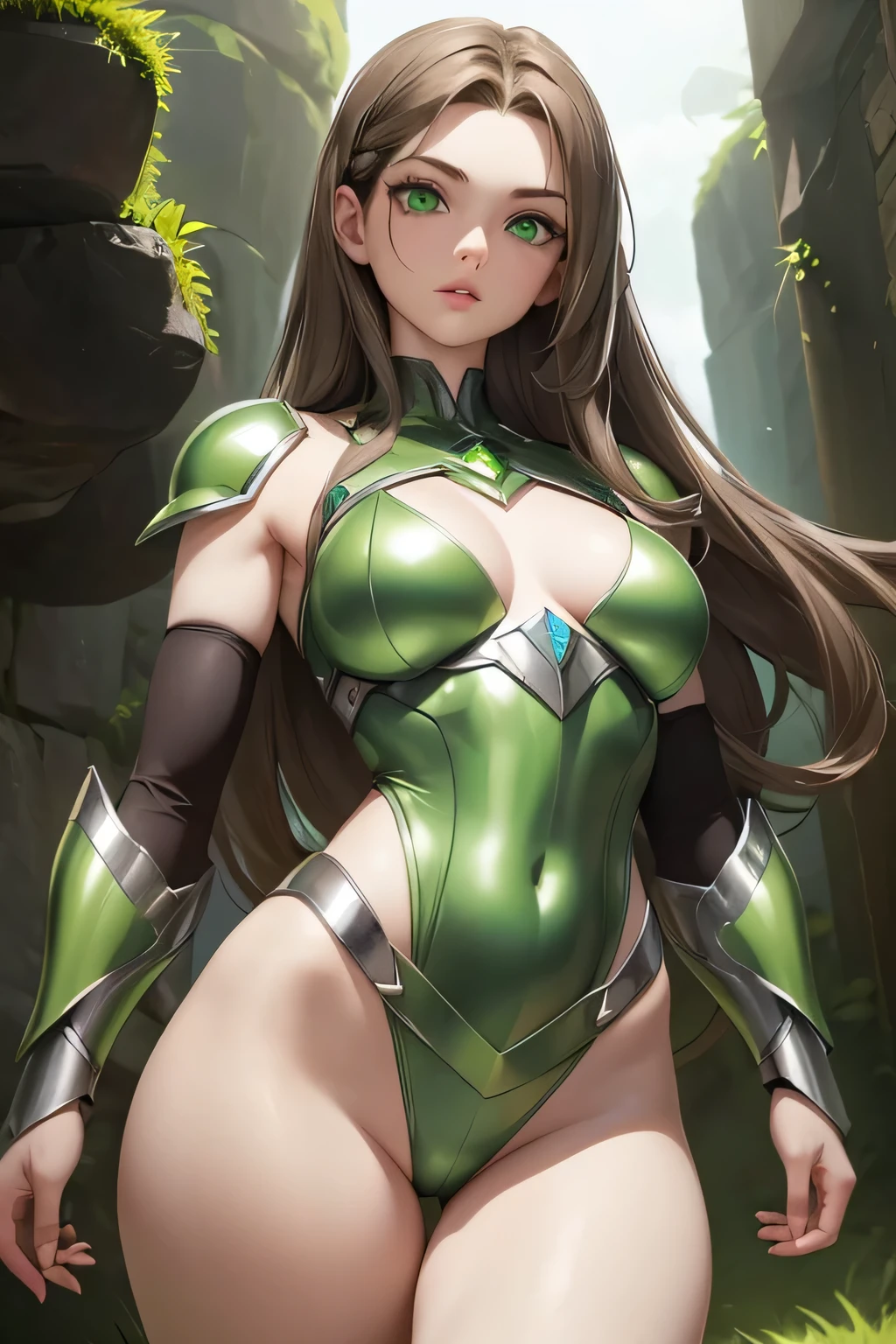 ((Masterpiece)) ((Perfect Face)) ((Beautiful)) ((Small Breasts)) ((Wide Hips)) ((green and silver Super Hero Armor)) ((Long Hair)) ((Brown Hair)) ((Pale Skin)) ((Glowing green Eyes)) ((Button Nose)) ((Full Lips))